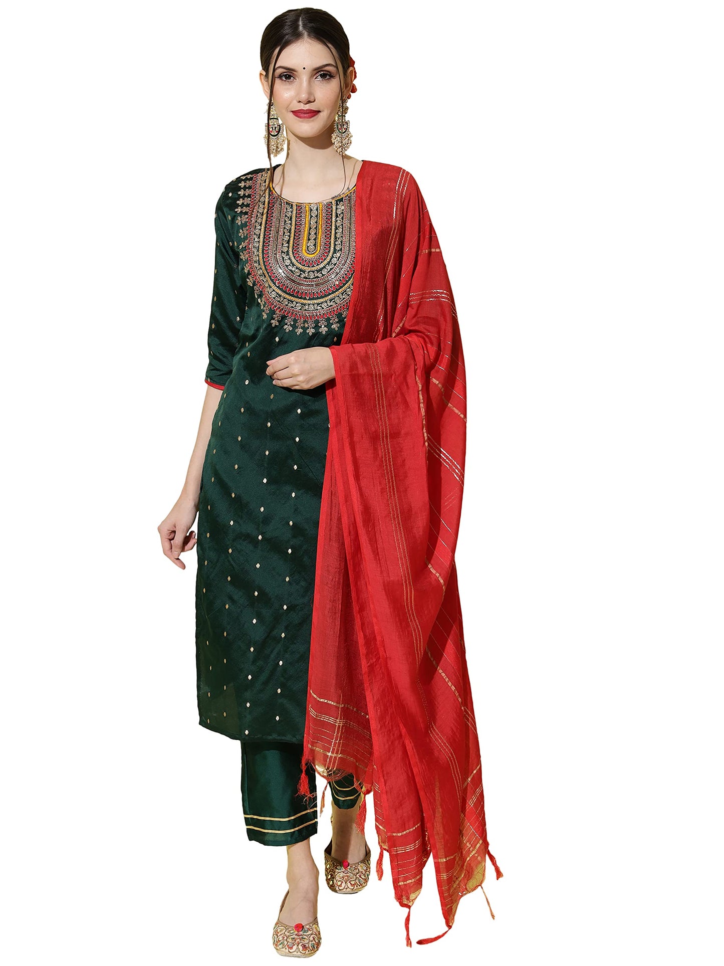 VredeVogel Women's Silk Blend Embroidered Straight Kurta & Trousers Pant With Dupatta (Green_X-Large, Regular Fit)