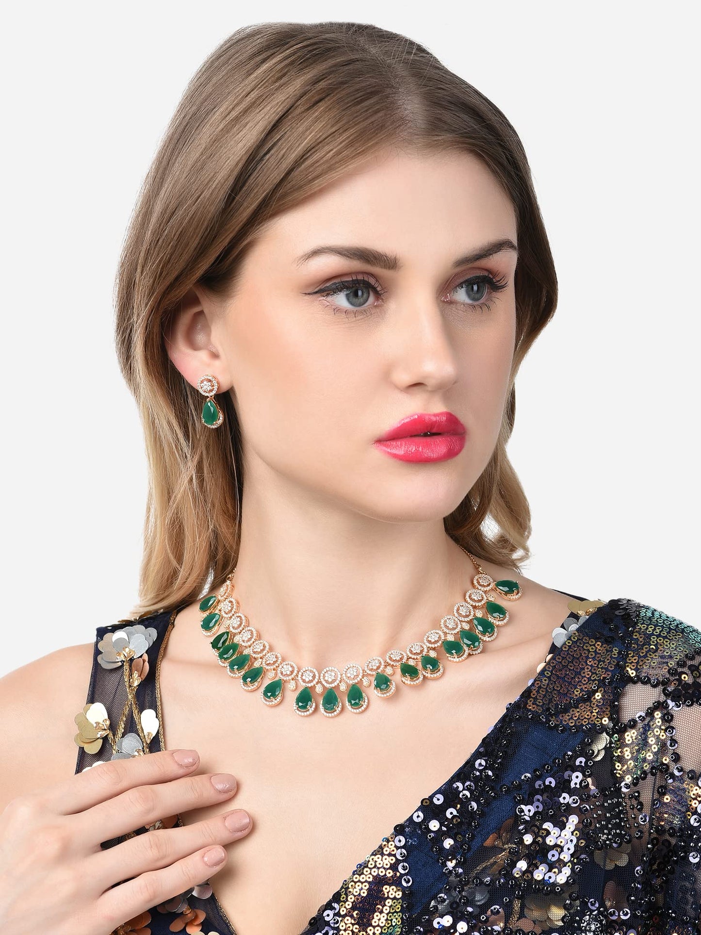 ZAVERI PEARLS Green TearDrop & Dazzling Cubic Zirconia Necklace & Earring Set For Women-ZPFK15299