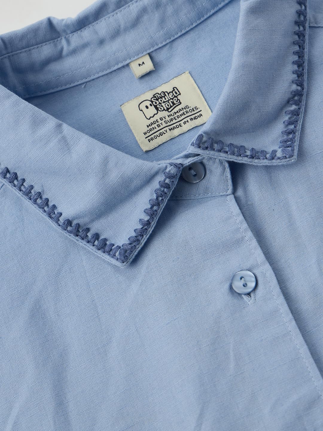 The Souled Store Cotton Linen: Wild Spirit Women and Girls Long Sleeves Collared Neck Button Front Blue Embroidered Lightweight Summer-Ready Cotton Linen Shirt for Casual Streetwear