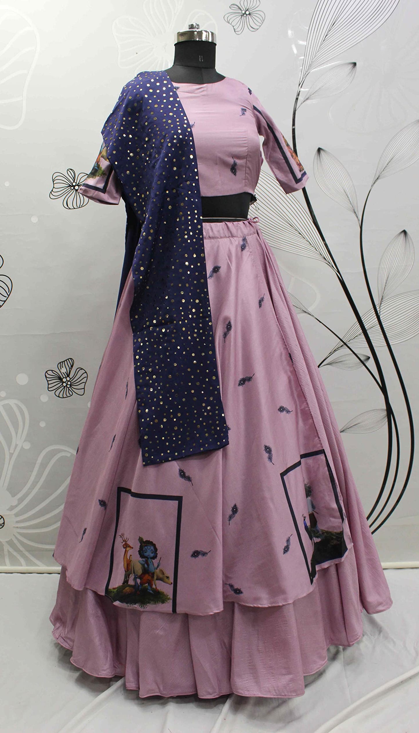 Divine International Trading Co Women's Silk Embroidered Unstitched Lehenga Choli With Dupatta (2123-Dusty Pink-Navratri-Garba-Tradational-Lehenga; Free Size)