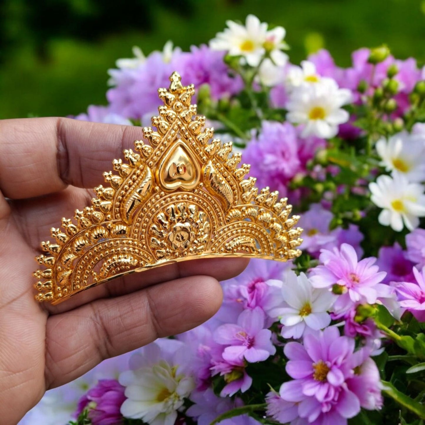 BengCraft Bengali Bridal Mukut Crown Golden Hair Accessories Wedding for Women Big Size Tiara Taj for God and Goddes Idols Krishna Laddu Gopal Durga Devi Maa