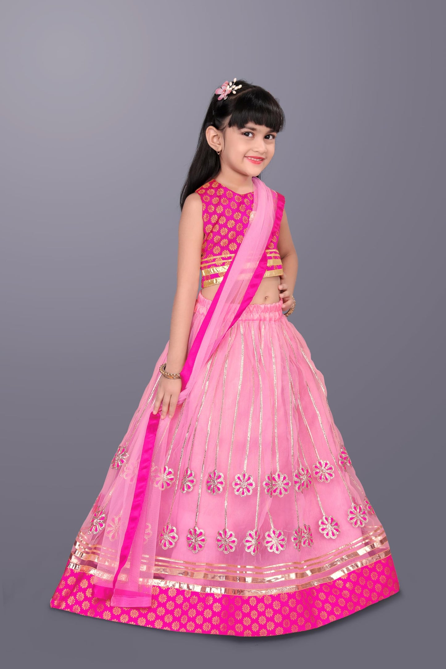 satyamfab Girls Ready to Wear Lehenga Choli Set – Elegant Jacquard Blouse, Embroidery Ribbon Work Lehenga & Gota Lace Net Dupatta9-10 Years