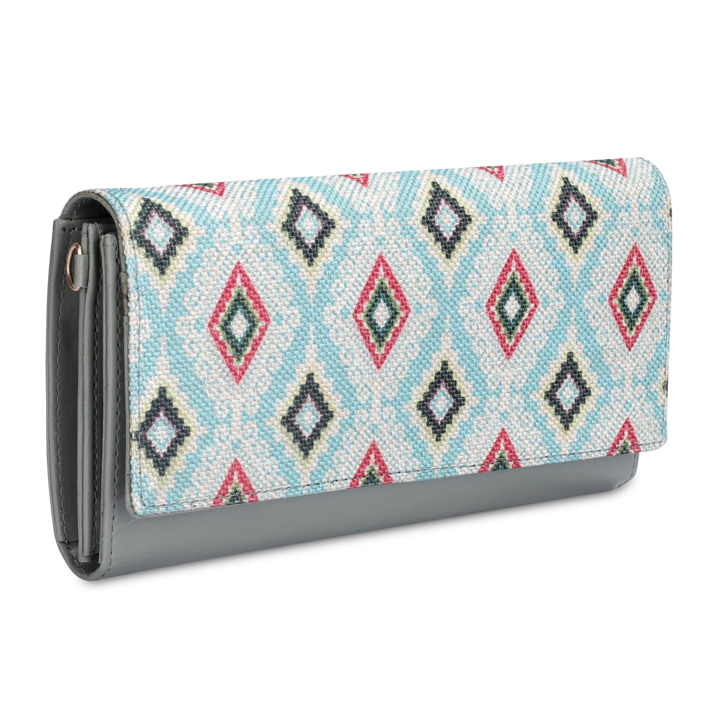 THE CLOWNFISH Jolene Printed Handicraft Fabric & Vegan Leather Women's Wallet Purse Sling Bag with Multiple Card Slots (Skyblue-Diamond)