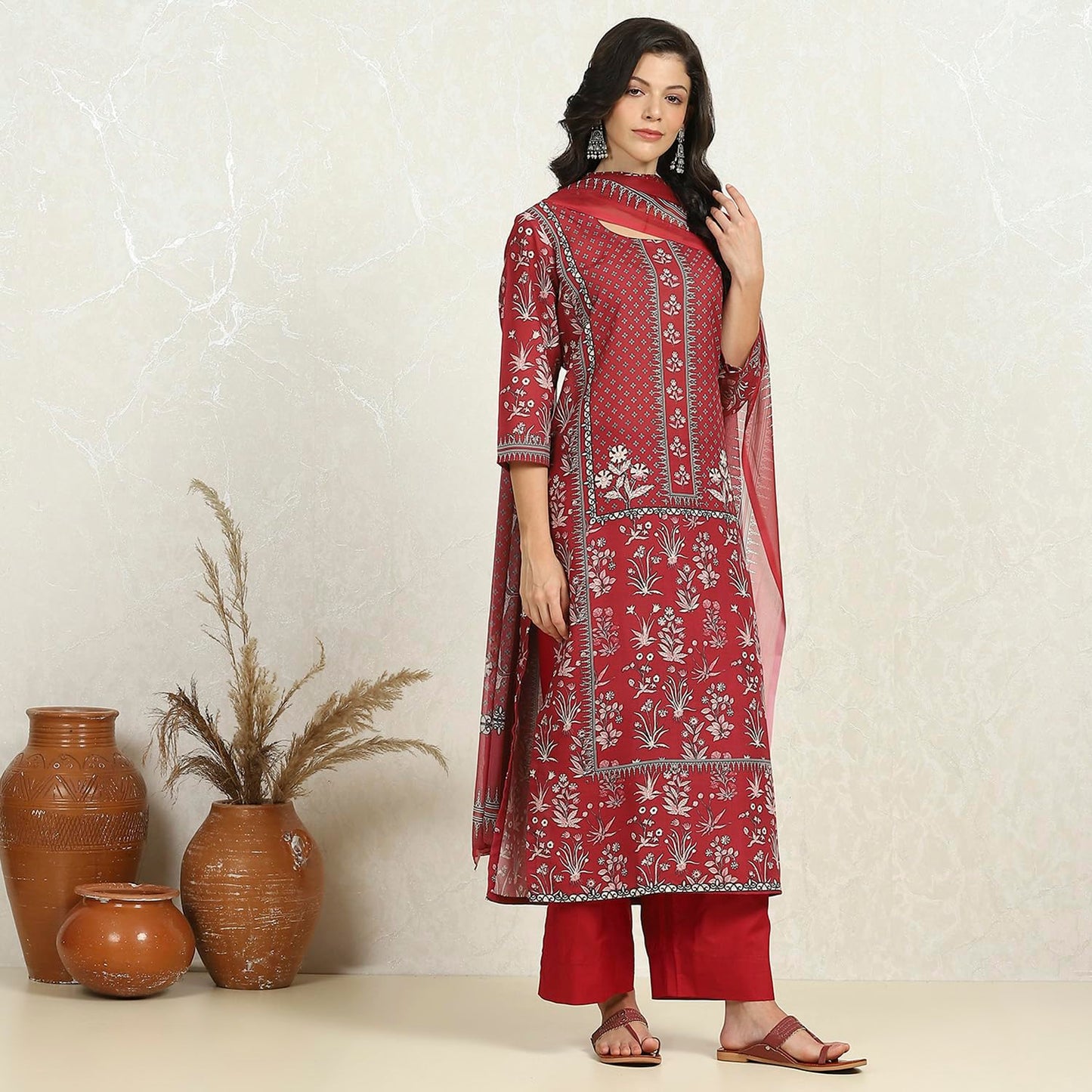Biba Women Green-Maroon Cotton Unstitched Suit Set_Free Size