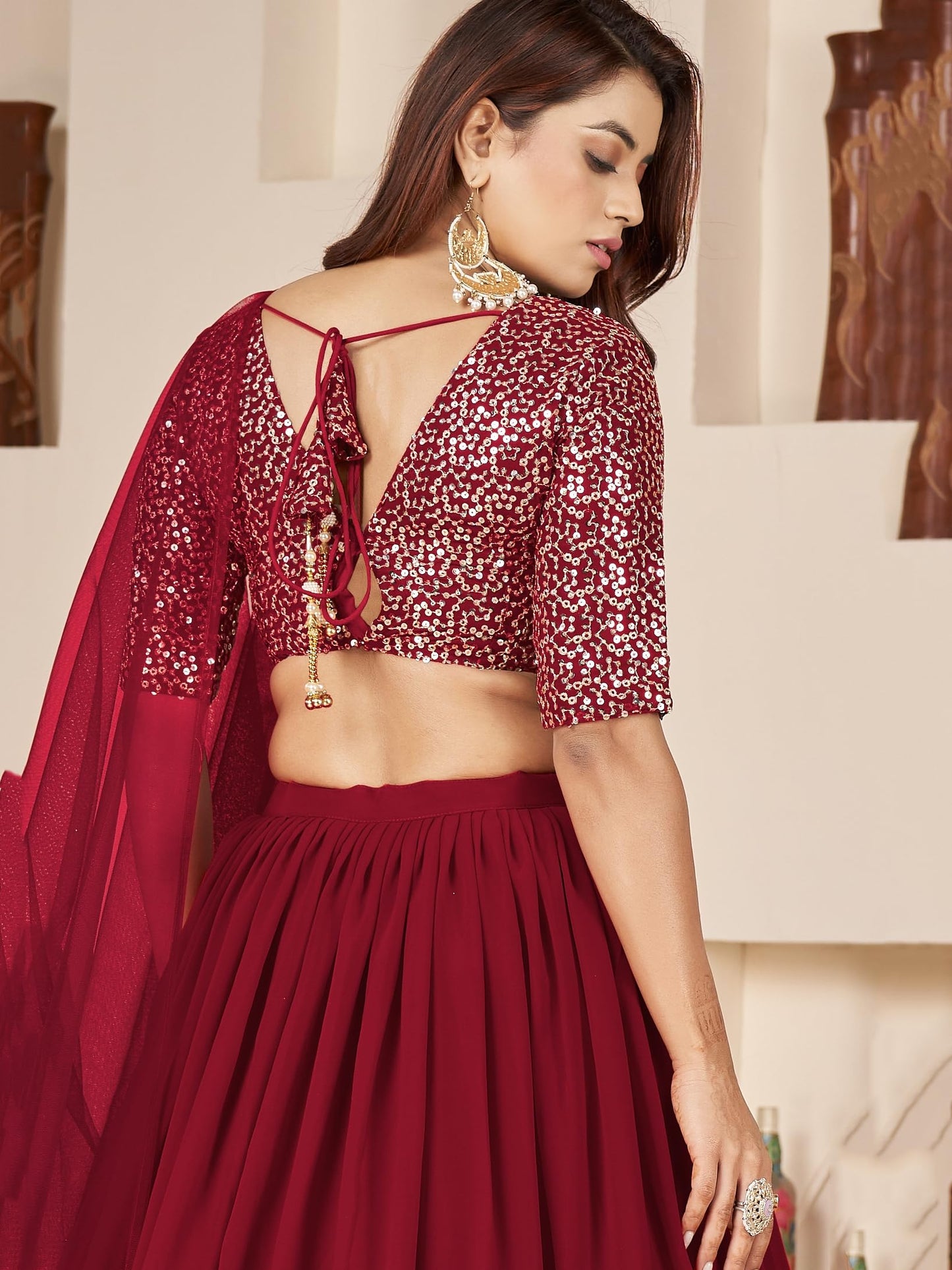 Zeel Clothing Women's Sequins Embroidered Georgette New Semi-stitched Lehenga Choli With Dupatta (5066-Maroon-Womens-Lehenga-Choli-Latest; Free Size)