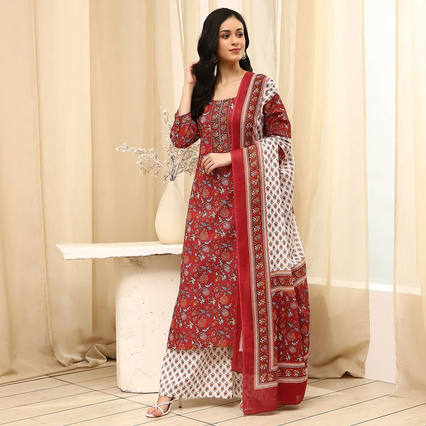 BIBA Women Brown Cotton Screen Print Unstitched Suit Set_FREE SIZE