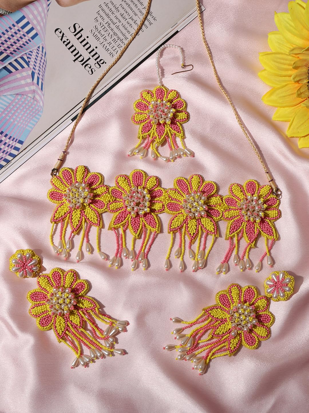 VENI Women's Handmade Beads Jewellery Set For Haldi Mehndi Of Bride For Weddin Pink Yellow