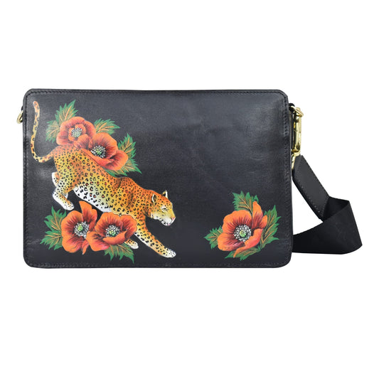 Anuschka Women’s Hand-Painted Genuine Leather Triple Compartment Crossbody - Enigmatic Leopard