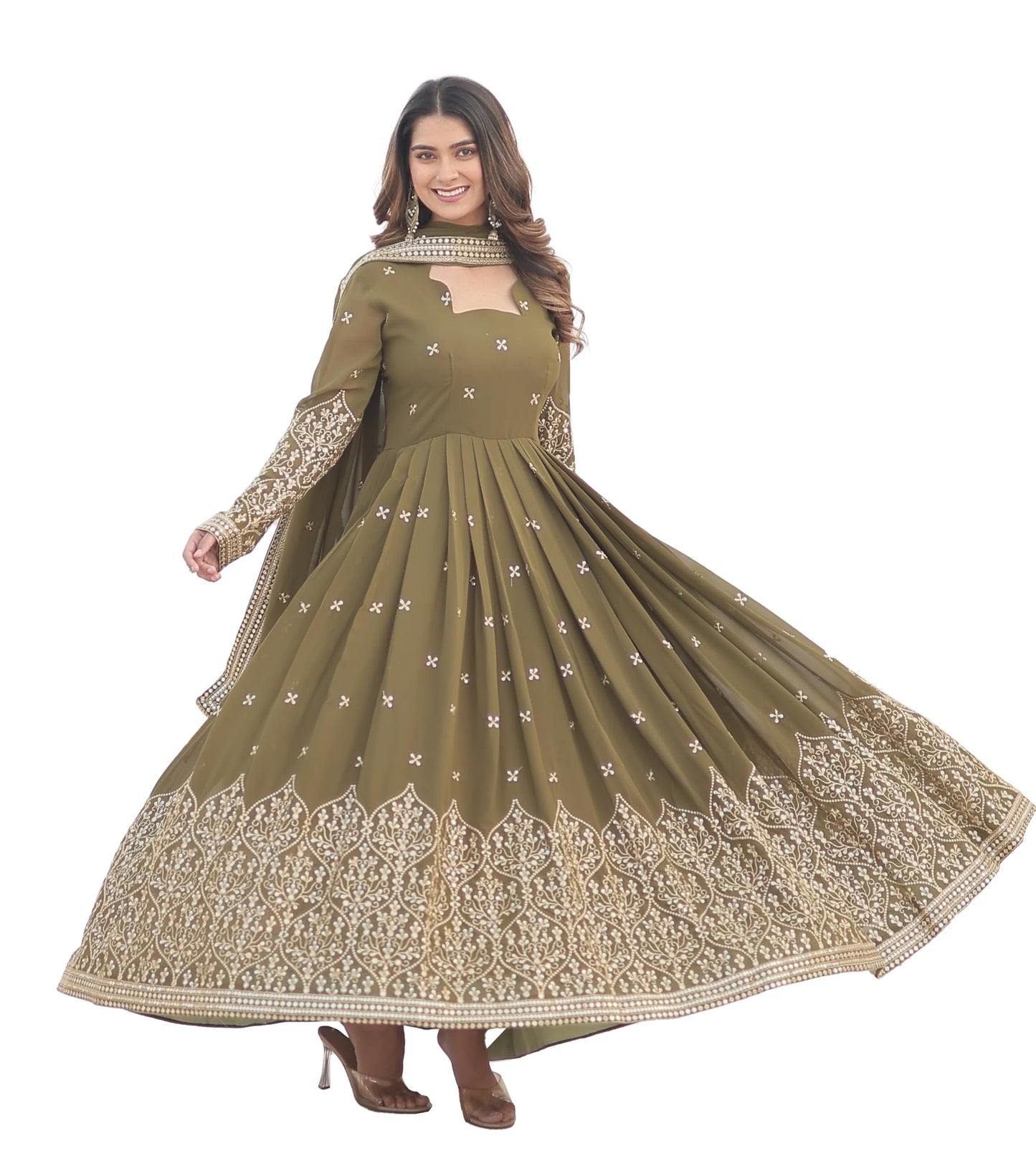 Fashion Basket Goergette Kurta with Duptta Olive