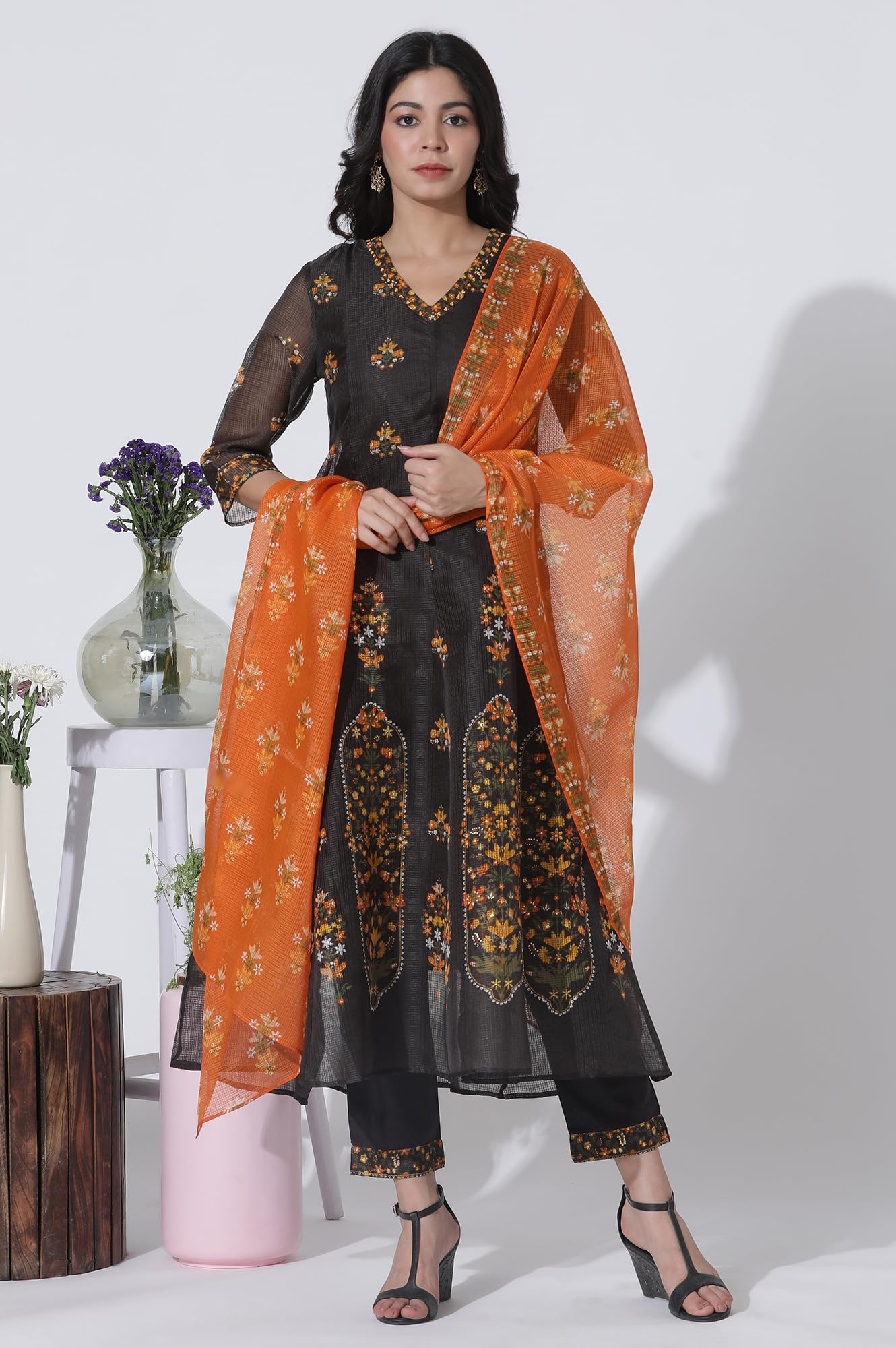 W for Woman Black Floral Printed Flared Kota Kurta, Pants and Dupatta Set_24AUWS11403-123385_XS