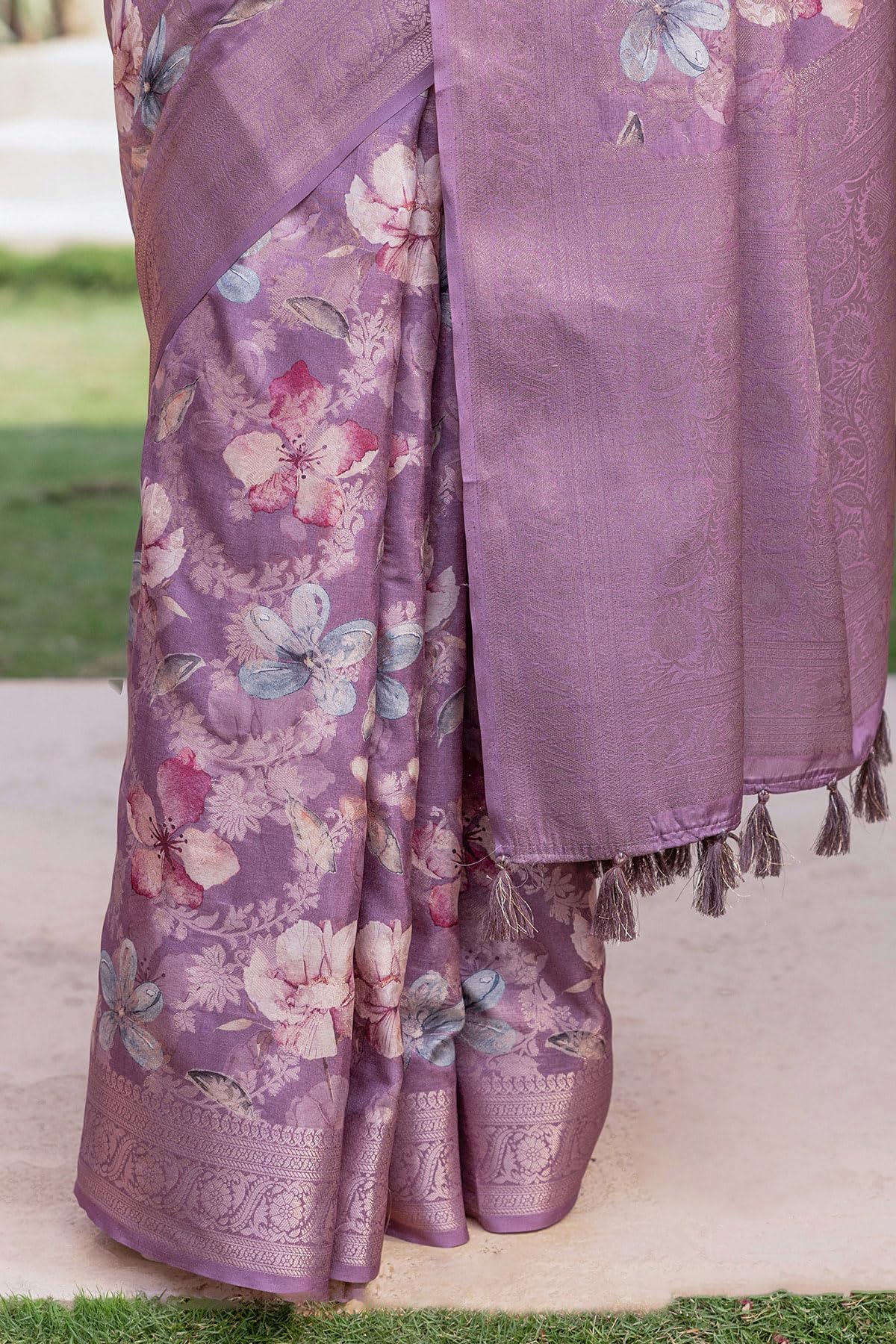 Soch Womens Lavender Tussar Floral Print Saree With Zari Woven