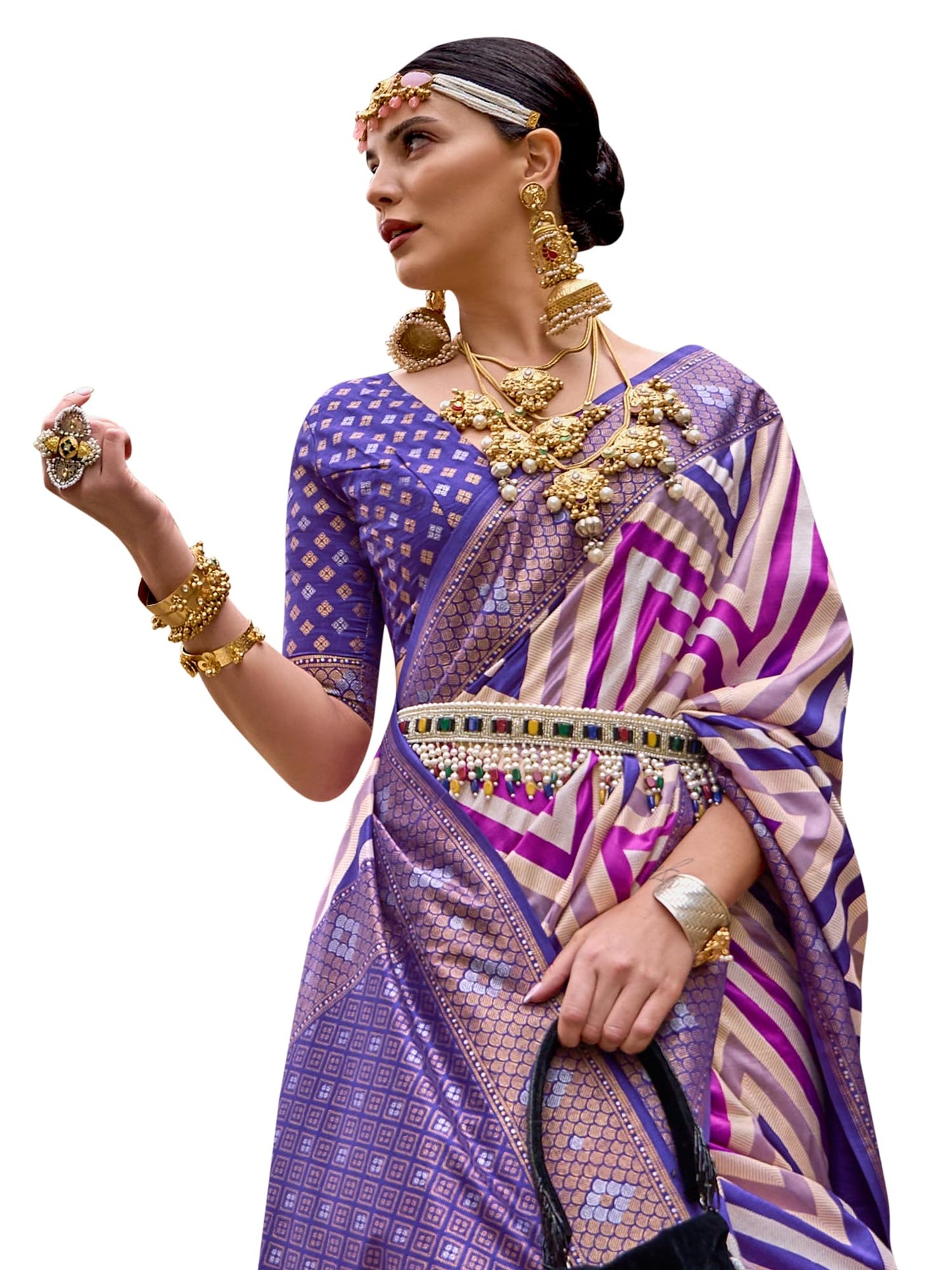 SAREE MALL Women's Woven Design Geometric Print Silk Blend Saree with Unstitched Blouse Piece (Violet_FLORENCE972_RW)