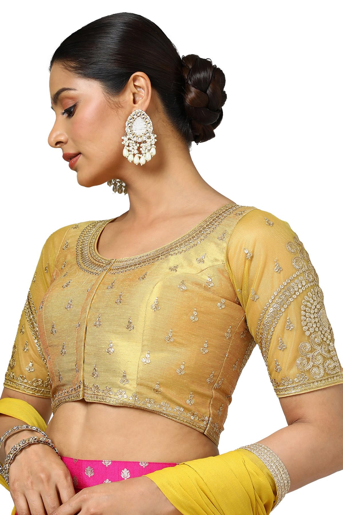 Soch Women's Tissue Embroidered Sleeveless Regular Fit Blouse (BLHSEMB00651_Mustard 34)