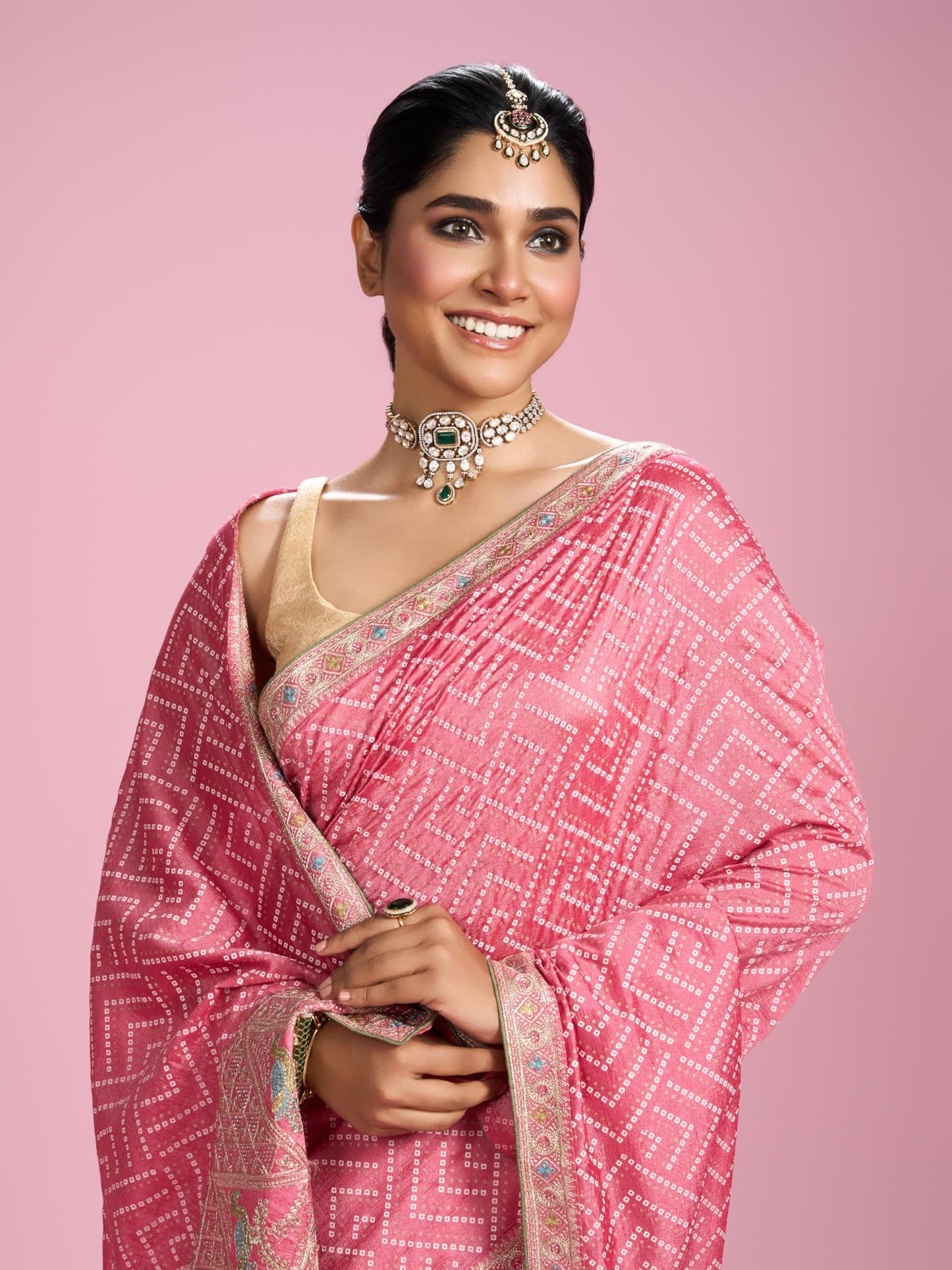 MOHEY Women's Chinon Printed, Stone Work, Thread Work, Zari Saree with Blouse Piece(Pink)