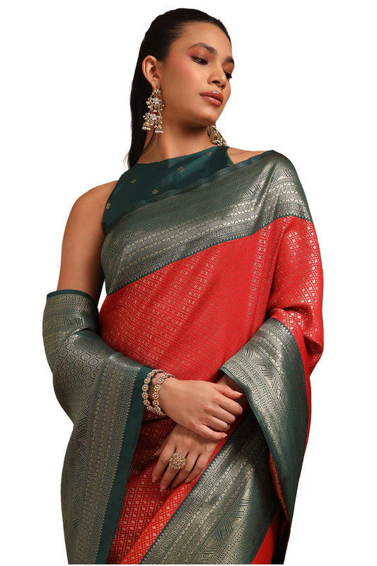 Soch Womens Red Silk Blend Zari Woven Saree With Zari Woven