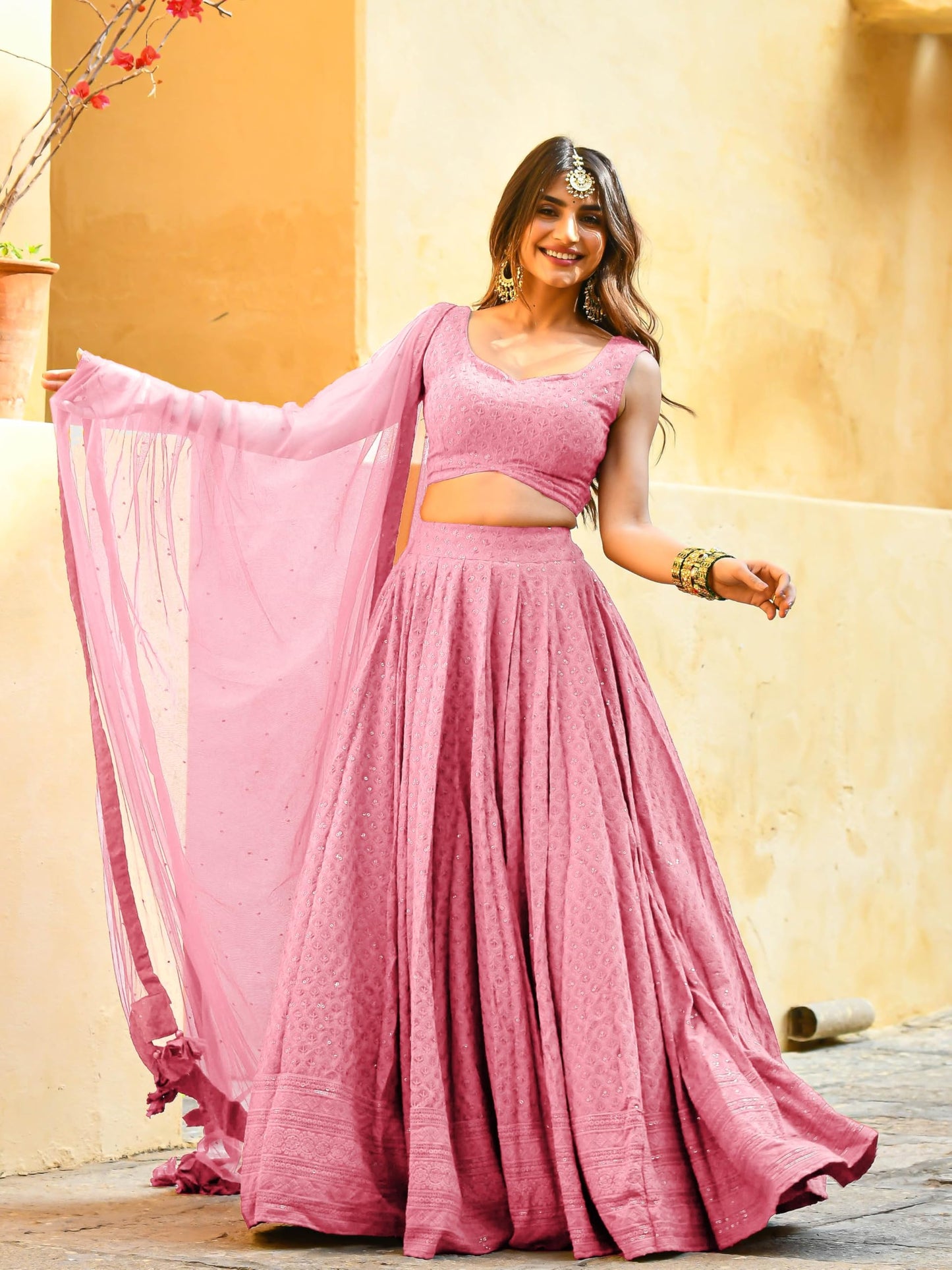 Zeel Clothing Women's Georgette Semi-stitched Sequins Thread Embroidered Lehenga Choli With Dupatta (5124-Light-Pink--Lehenga-Choli; Free Size) (Light-Pink)