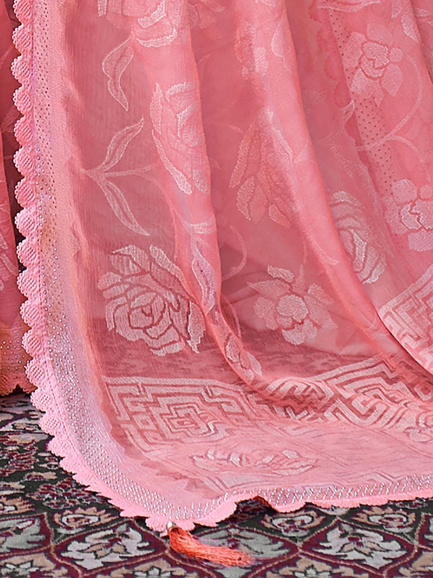 SAREE MALL Women's Chiffon Floral Embellished Saree With Unstitched Blouse Piece(Pink_KINJAL4263_SM)