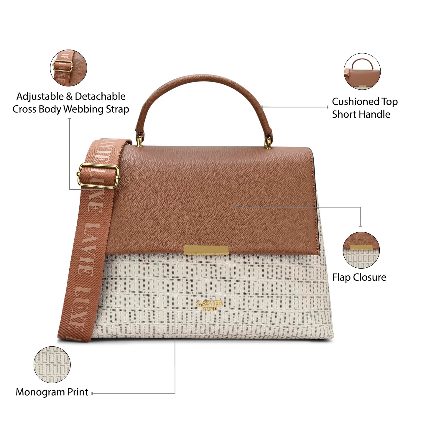 Lavie Luxe Women's Mono Marsh25 Satchel Bag | Satchel Handbag for Work | Ladies purse | Stylish Shoulder Bag | Gift for Women