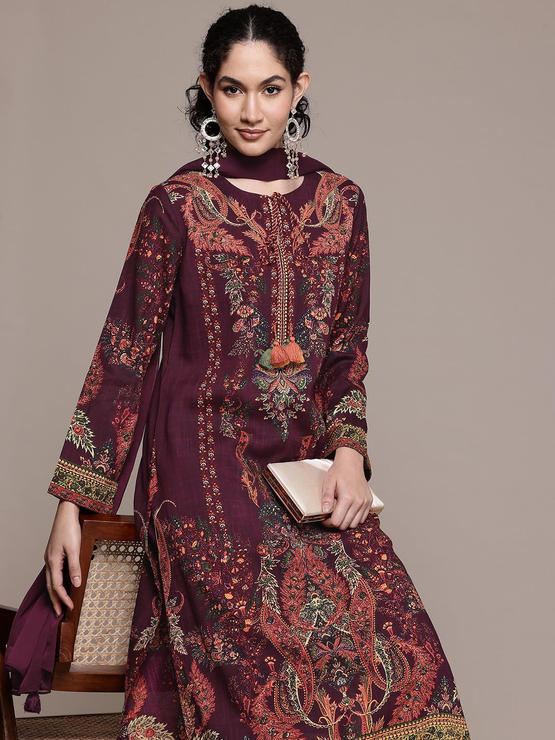 Aarke Ritu Kumar Wine Tuberose Round Neck Kurta With Pant And Dupatta