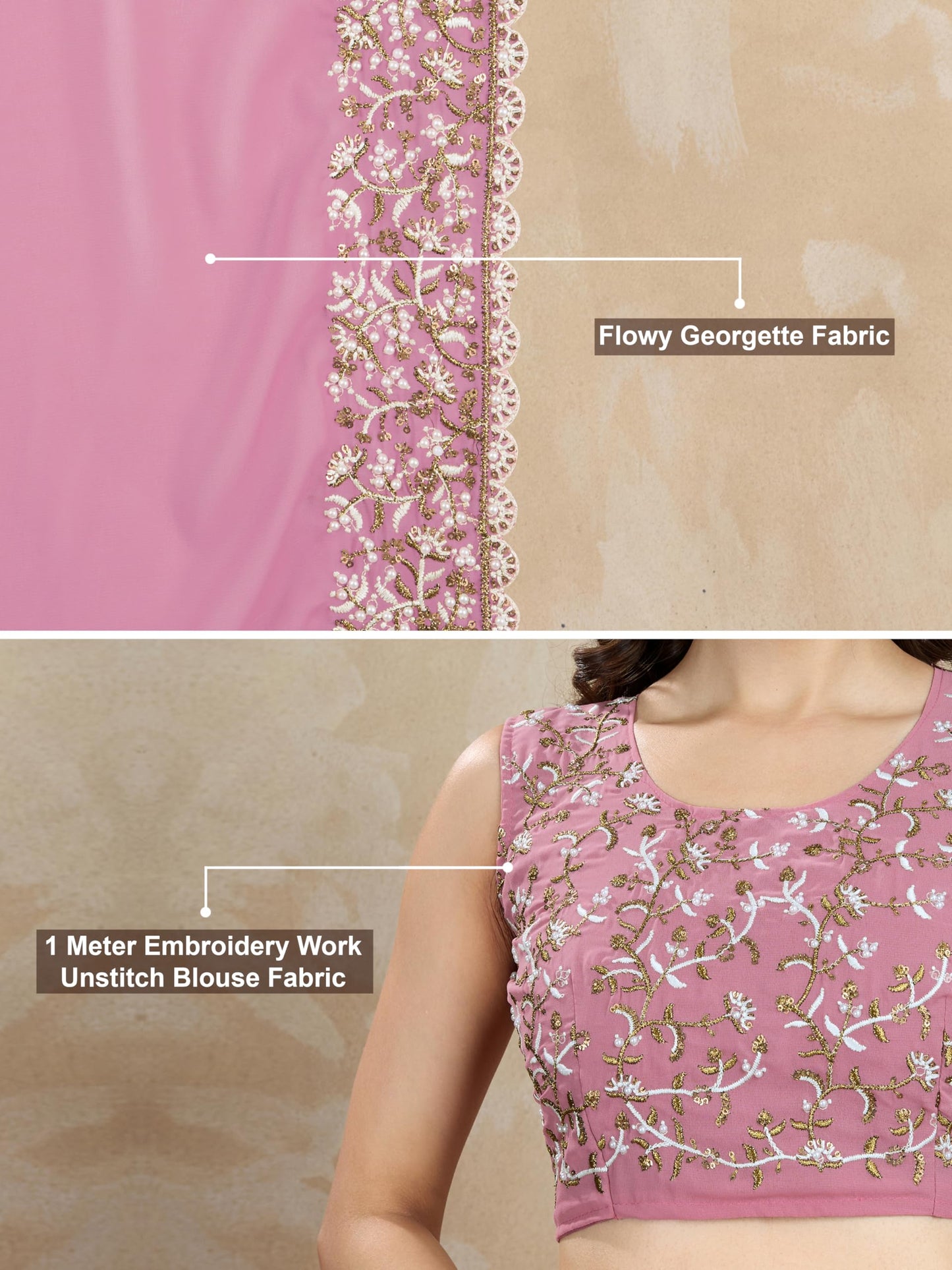 TRENDMALLS Women's Georgette Embroidery Sequin Work Saree with Unstitch Blouse Piece (K1001-Pink-)