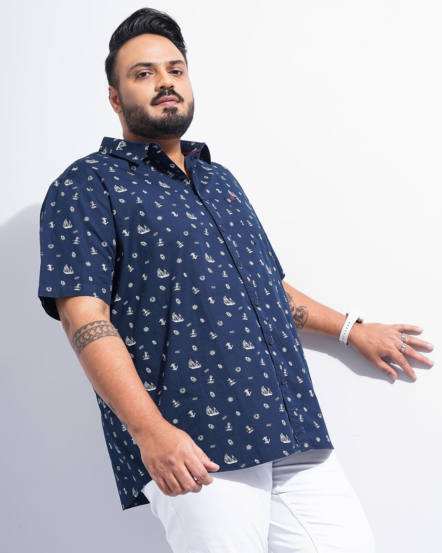 Hardsoda Men Plus Size Navy Quirky Printed Casual Shirt