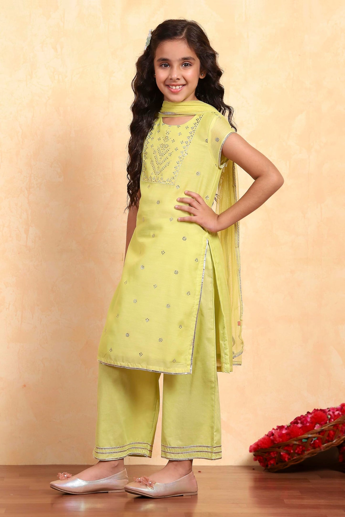 Biba Girl's Polyester Kurta Set (KW5222ESS25LMYL