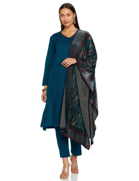 BIBA Polyester Women Embroidery Narrow Salwar Kurta Dupatta(SKDWINTER W8721_Peacock Blue_42)