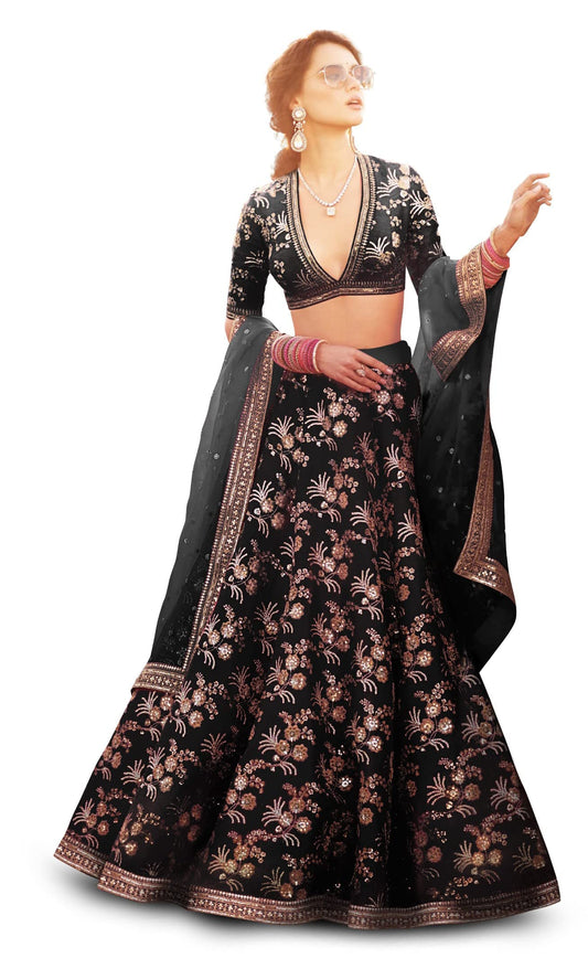 Zeel Clothing Women's Heavy Art Silk Semi-Stitched Lehenga Choli with Dupatta(7028-Black-New-Designer-Lehenga_Black_Free Size)