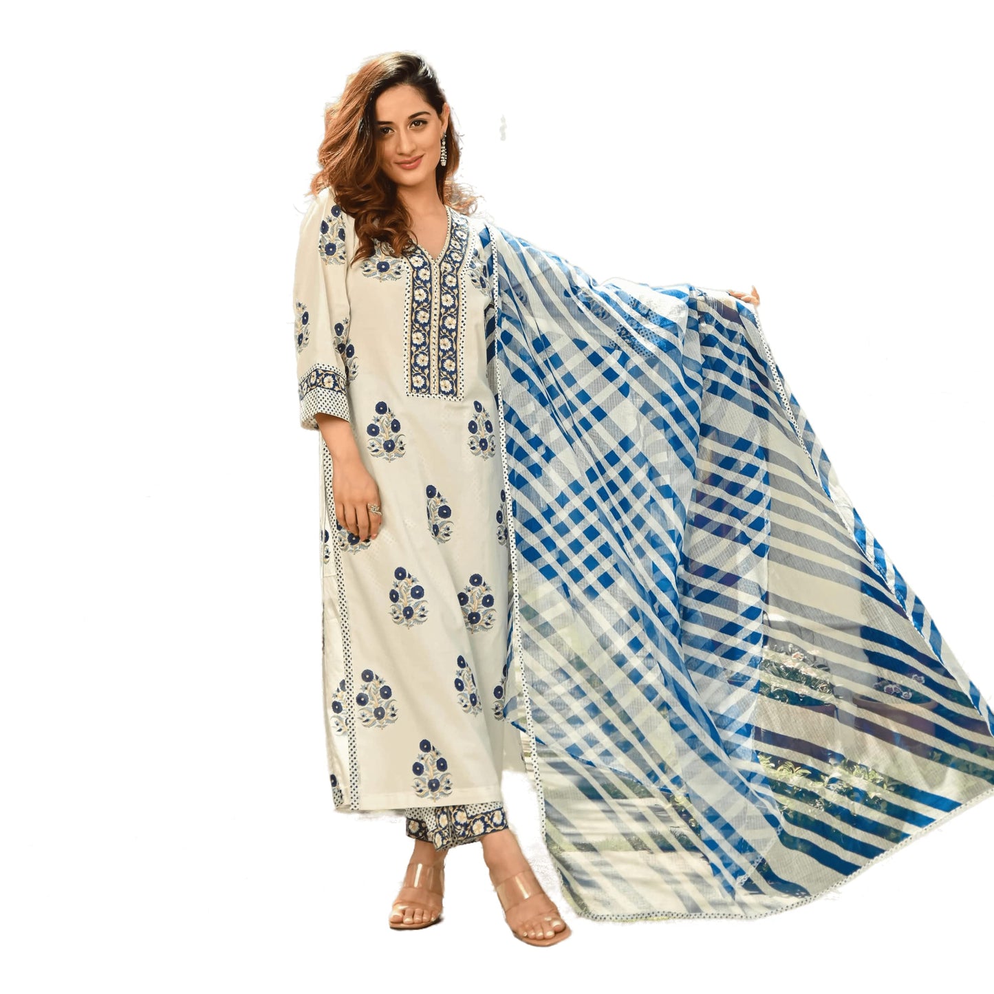 Royal Export Women's Paisley Floral Printed Salwar Suit Set White