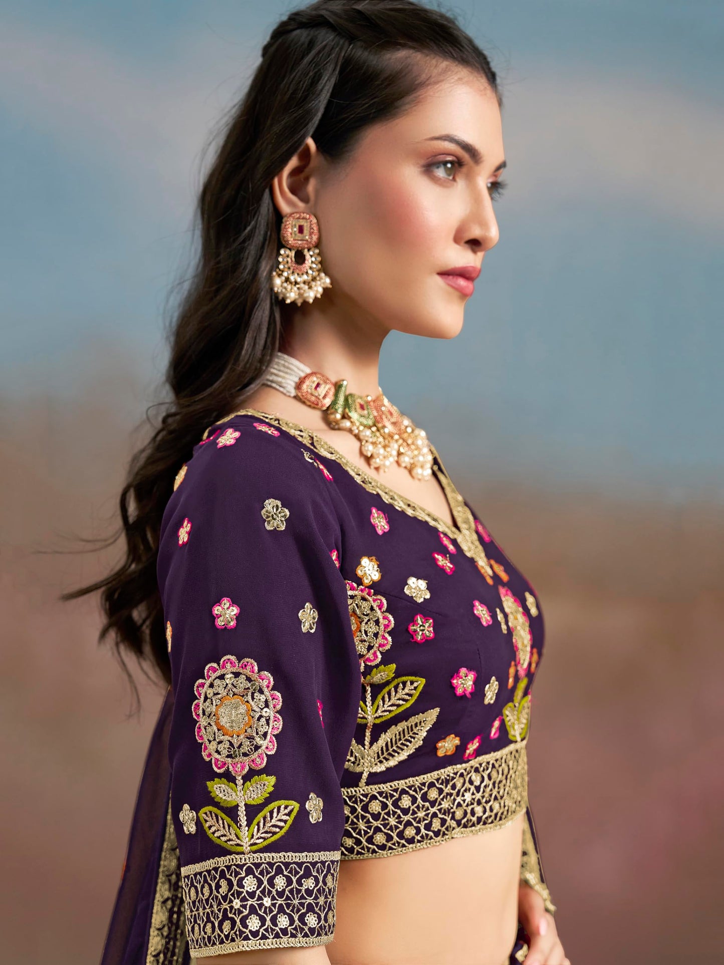 Zeel Clothing Women's Sequins Thread Embroidered Georgette Lehenga Choli With Dupatta (6008-Women-Lehenga-Choli-New; Free Size) (Purple)