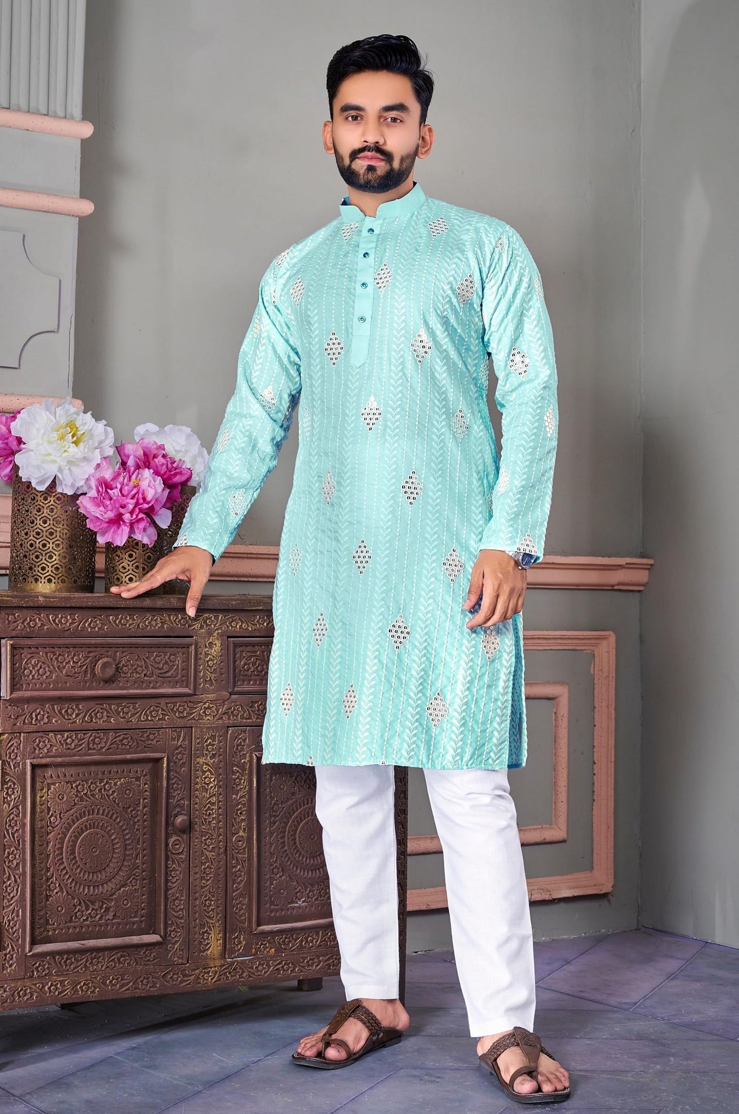 LAZZLY Men's Sequence Mirror Embroidered Cotton Silk Blend Only Slim Fit Kurta (in, Alpha, M, Regular, KDD_Sky)