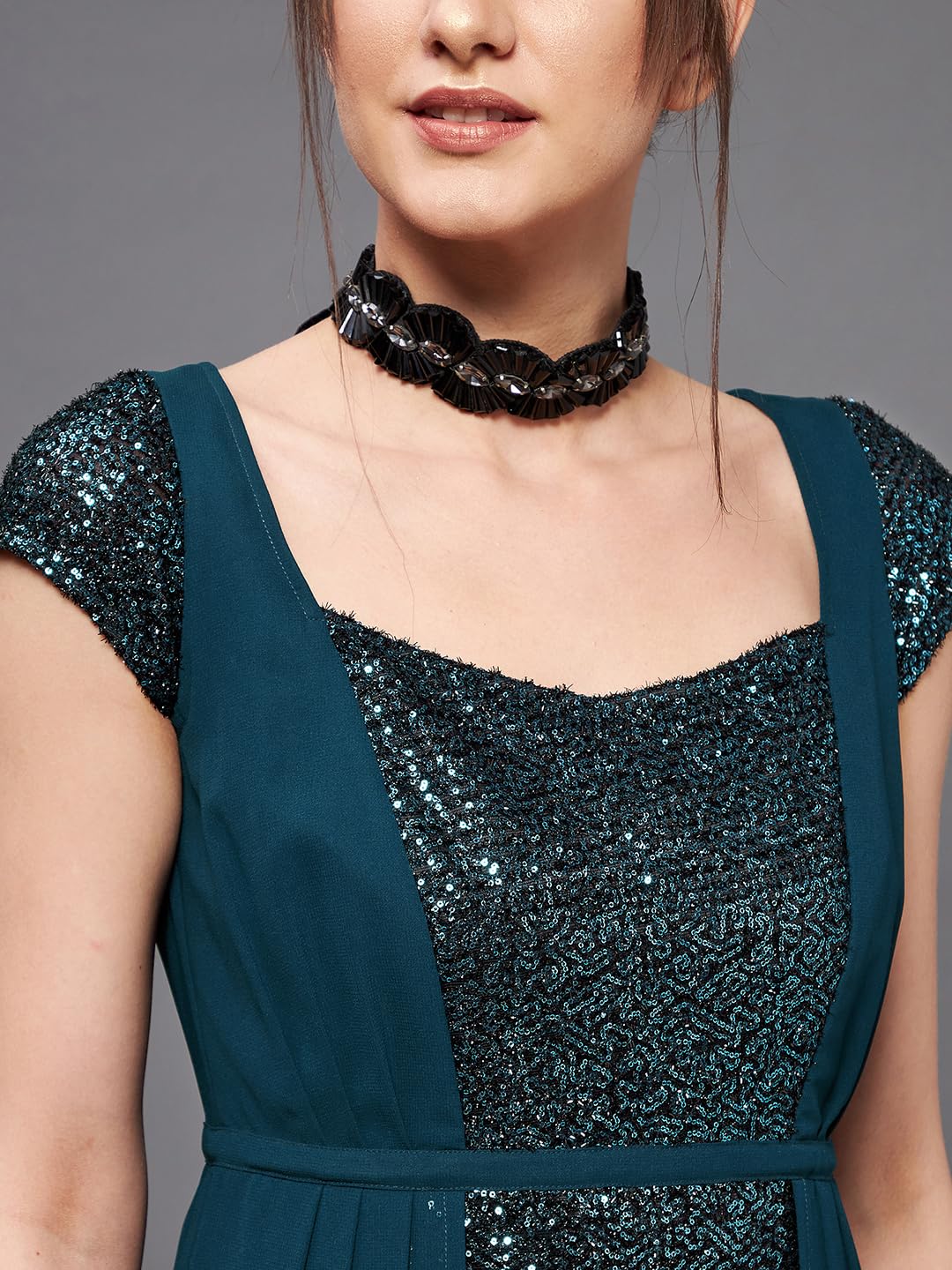 Miss Chase Women's Square Neck Short Sleeve Embellished Layered Maxi Dress (MCSS22D13-70-83-03, Teal, S)