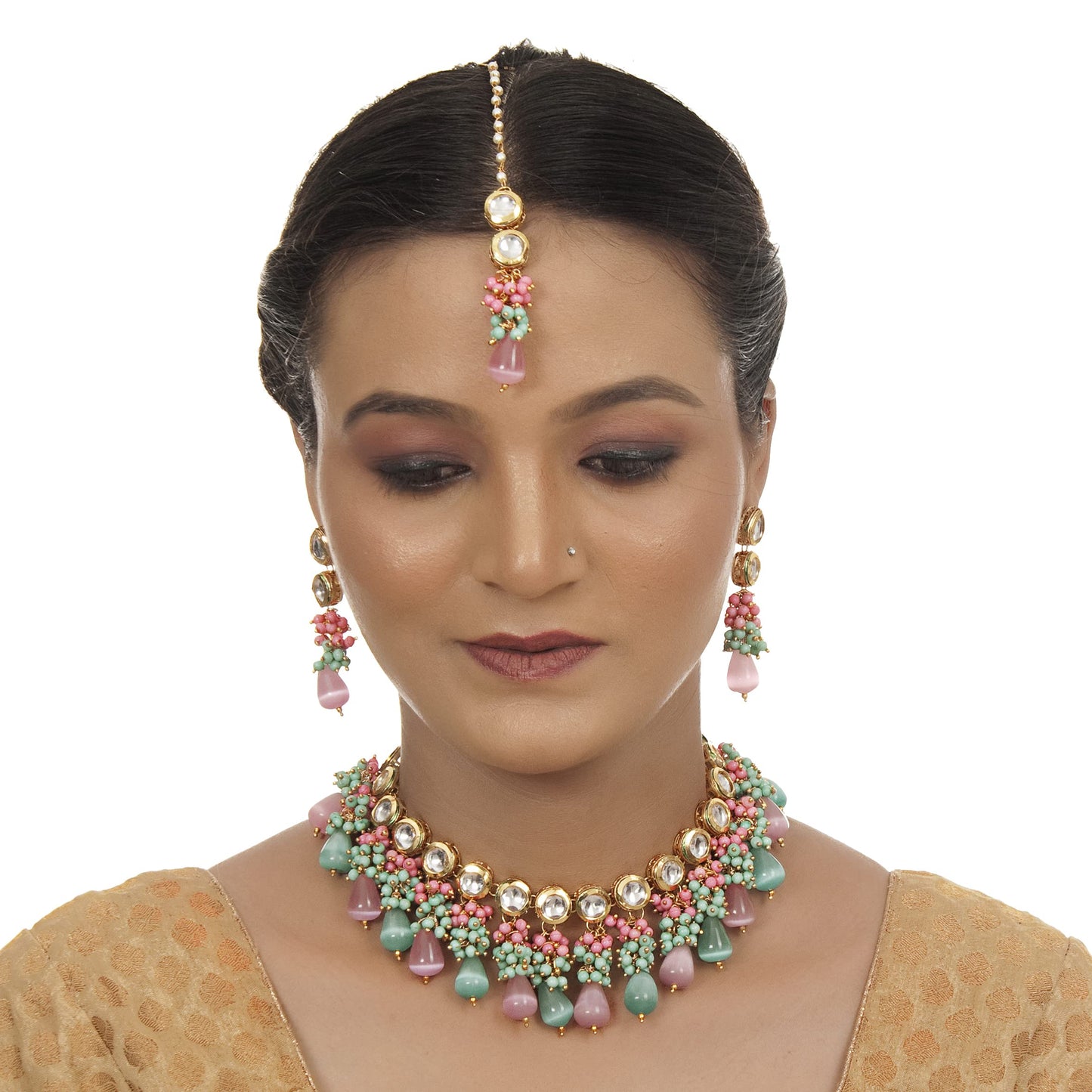 Lucky Jewellery Back Meenakari 18k Gold Plated Multicolor Tika Earring Combo Jewellery Set Uncut Kundan Big Faux Kundan Dibbi Kundan Choker Necklace Set for Girl's & Women