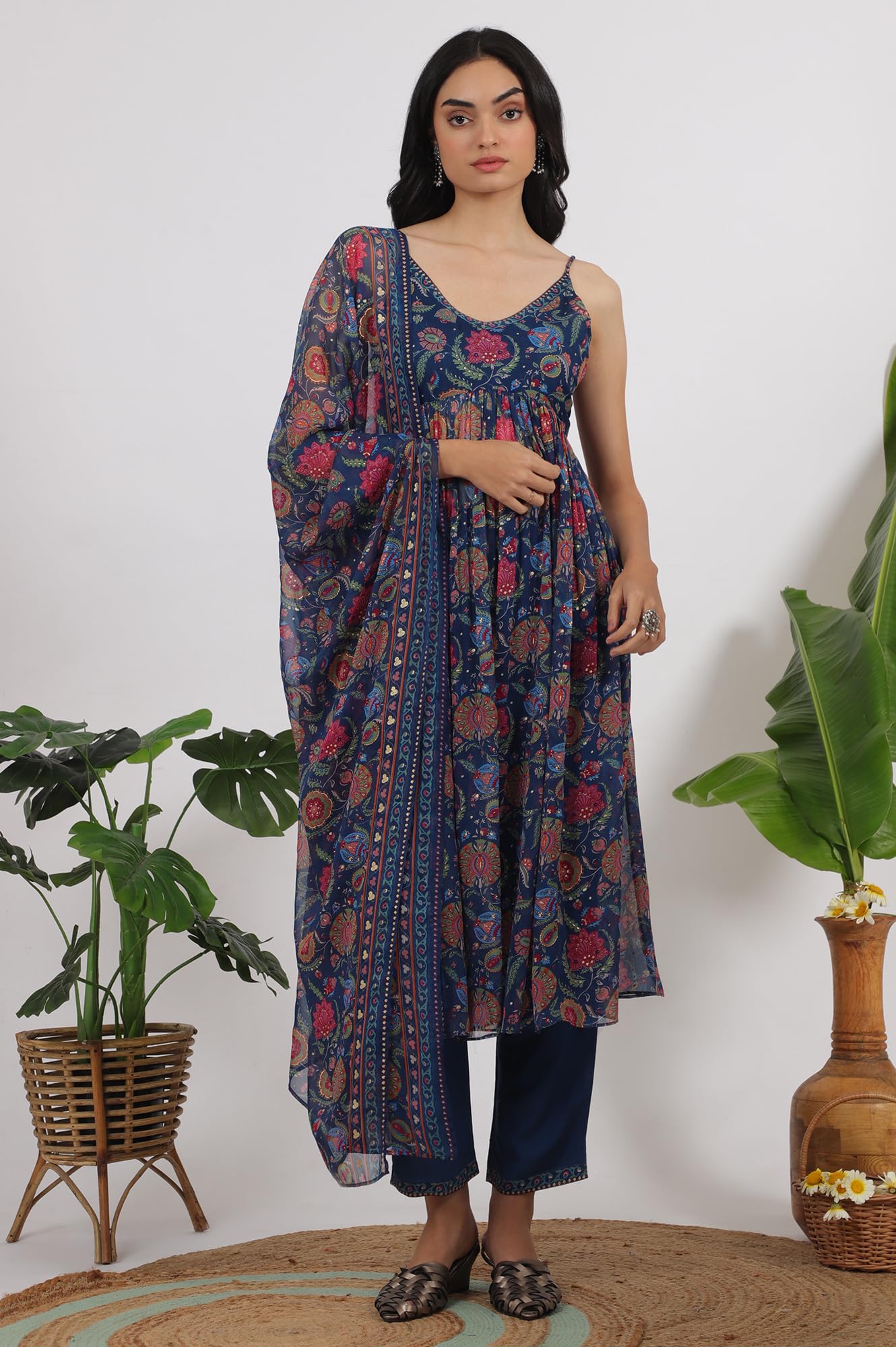 W for Woman Blue Floral Printed Chiffon Spaghetti Gathered Kurta, Pants and Dupatta Set (Size: L)-WS12126-123945