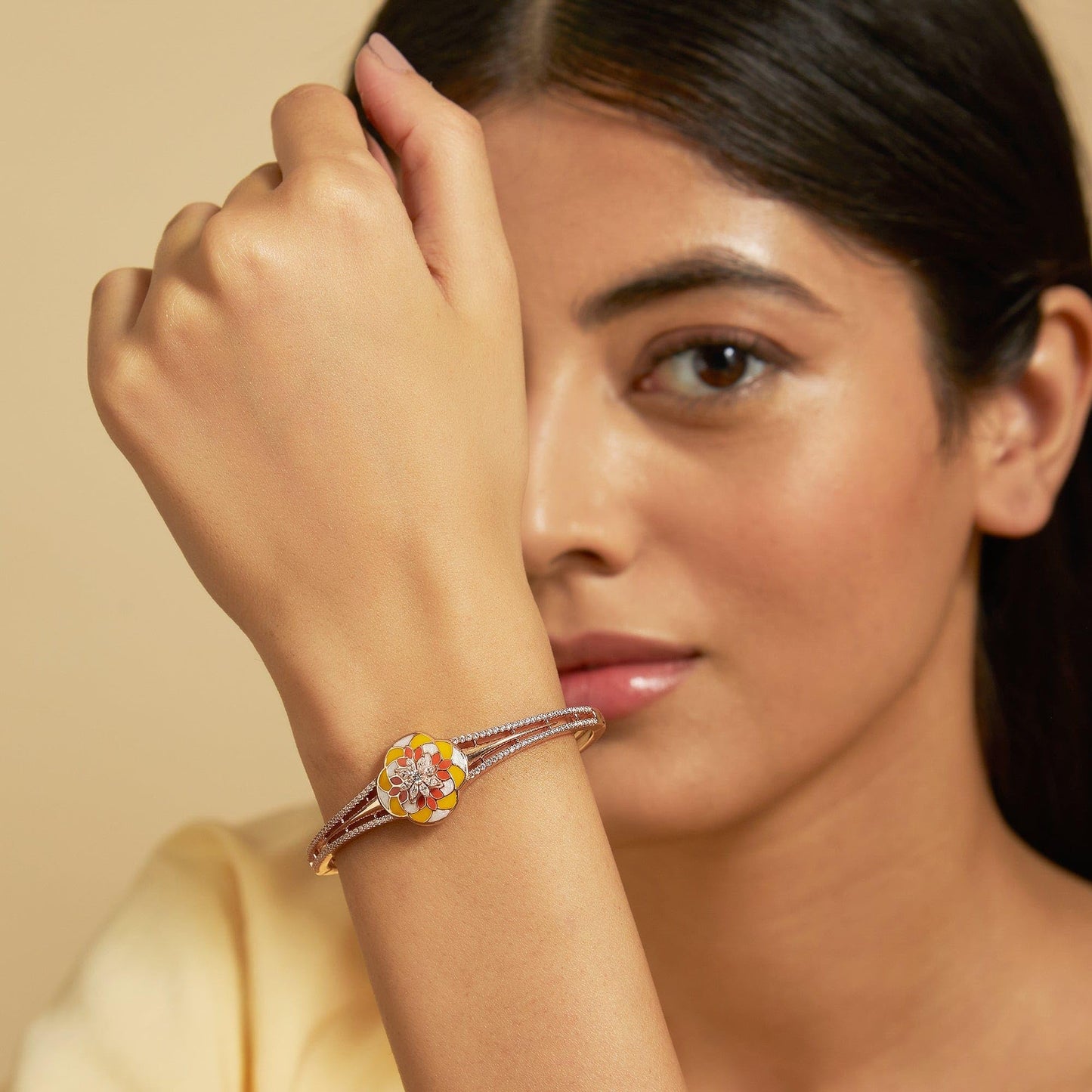 Kushal's Fashion Jewellery White Rose Gold Plated Meenakari Zircon Kada - 412383