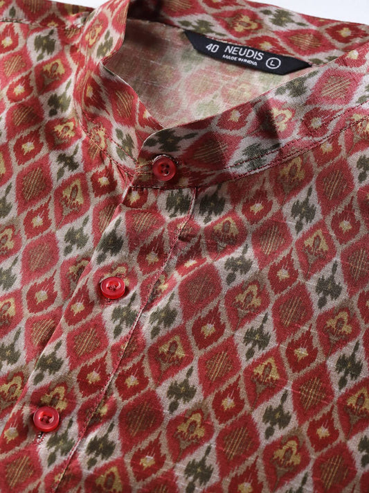 NEUDIS Men Maroon Patola Print Dupion Silk Kurta
