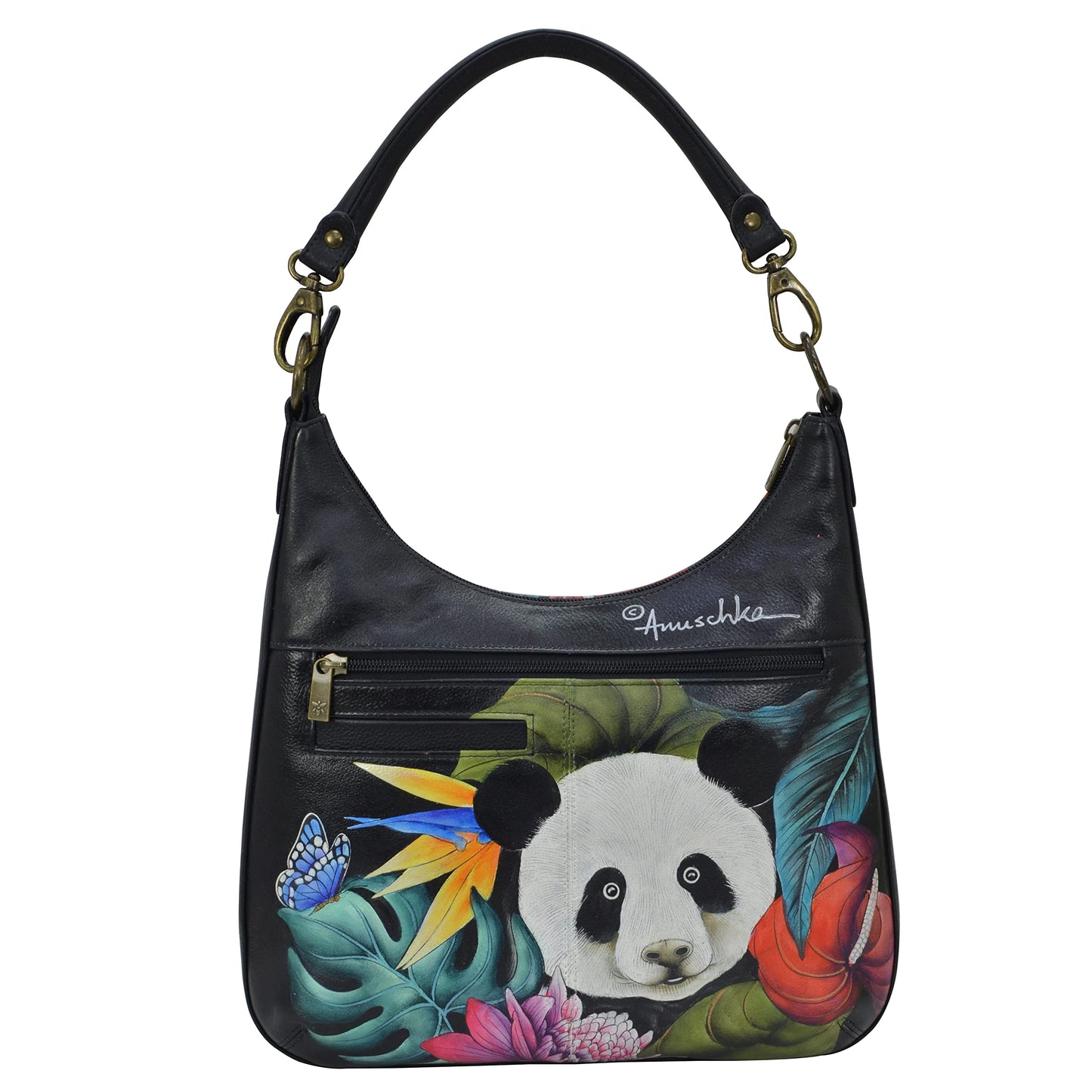 Anuschka Hand Painted Women’s Genuine Leather Convertible Slim Hobo with Crossbody Strap - Happy Panda