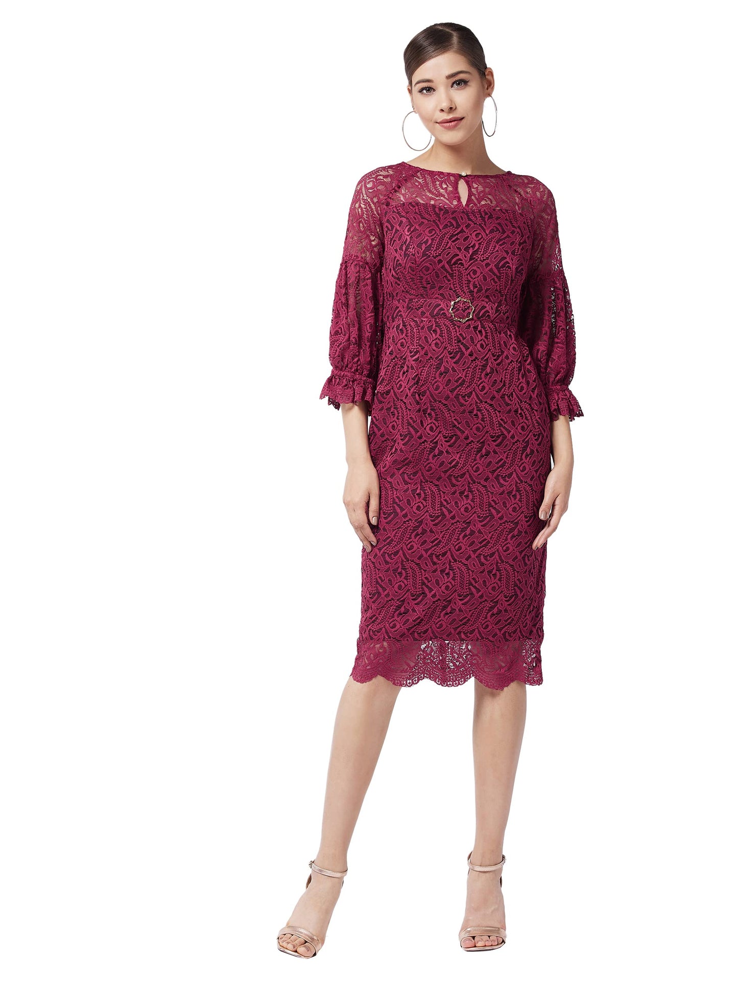 Miss Chase Women's Maroon Round Neck Puff Sleeve Floral Lace Overlaid Midi Dress(MCAW21D13-47-143-05,Maroon,L)