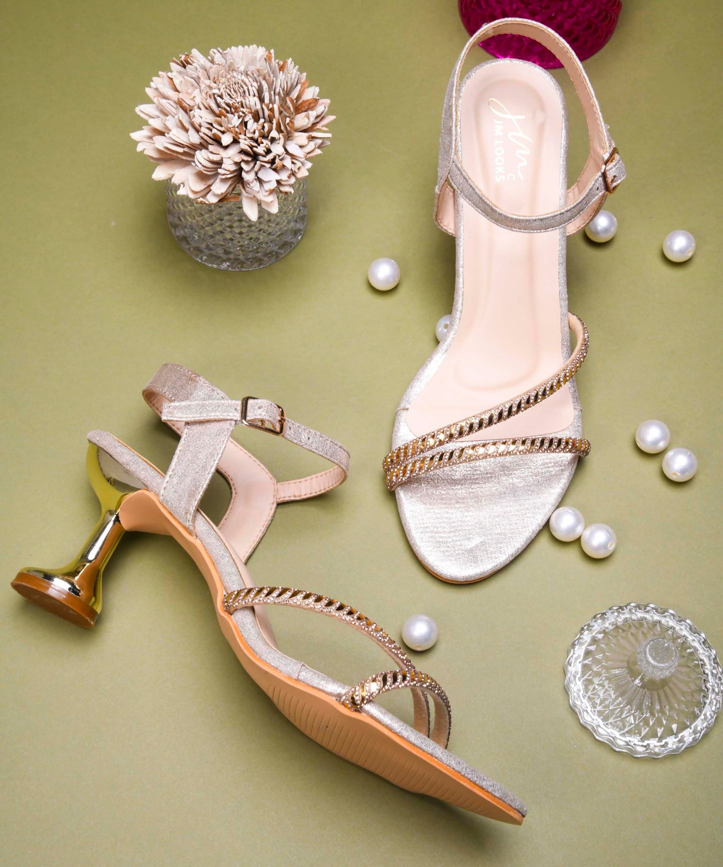 JM LOOKS Women's & Girls Kitten Heel Elegant Dual Strappy Heel Sandal Ankle Buckle with Embellished Rhinestone Upper for Wedding, Party, Casual, Office - Golden