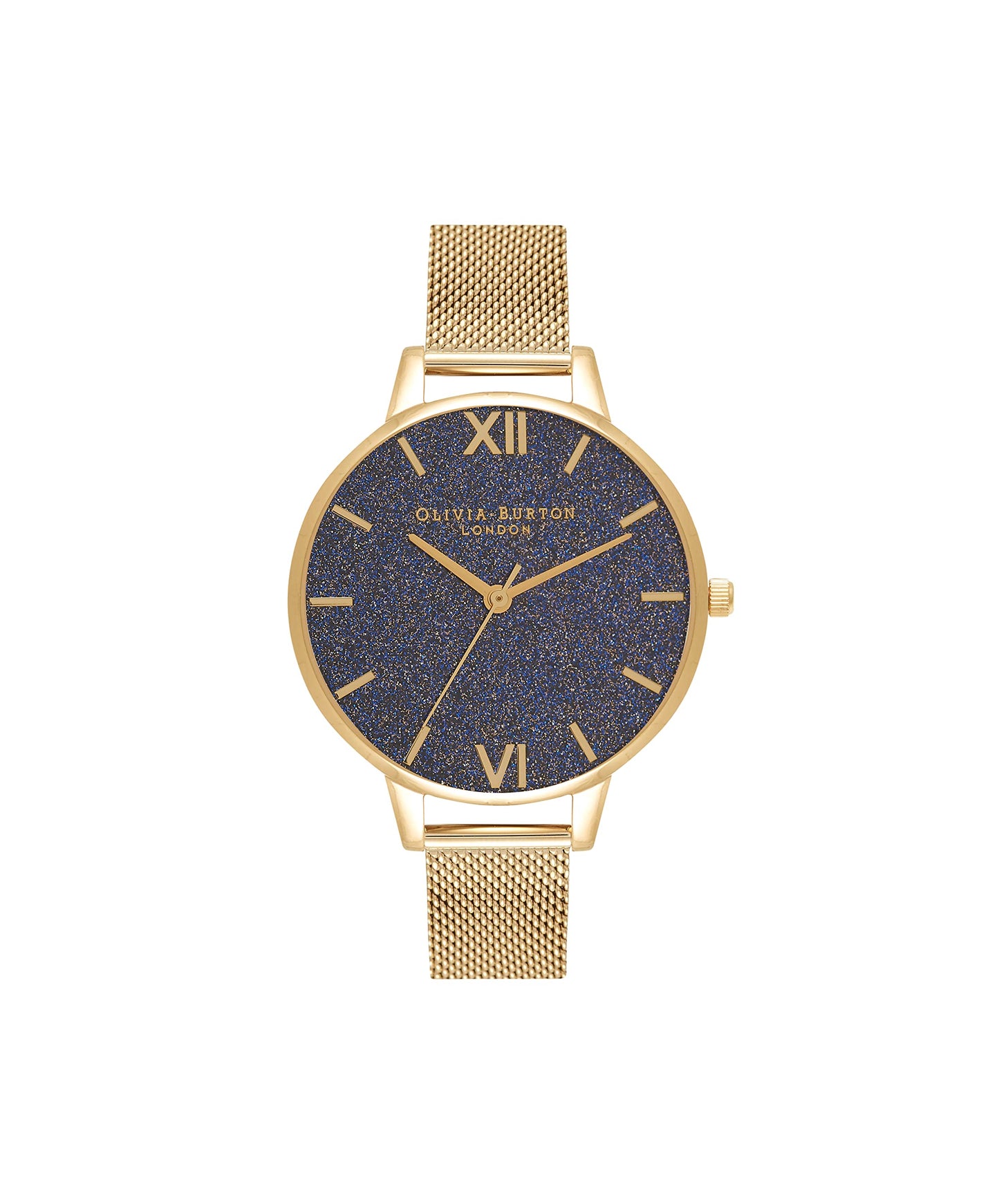 Olivia burton Glitter Dial Qtz Basic Blue Round Dial Women's Watch|Ionic Plated Gold Steel Material|Gold Color Band - OB16GD75