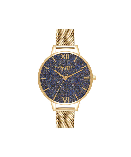 Olivia burton Glitter Dial Qtz Basic Blue Round Dial Women's Watch|Ionic Plated Gold Steel Material|Gold Color Band - OB16GD75