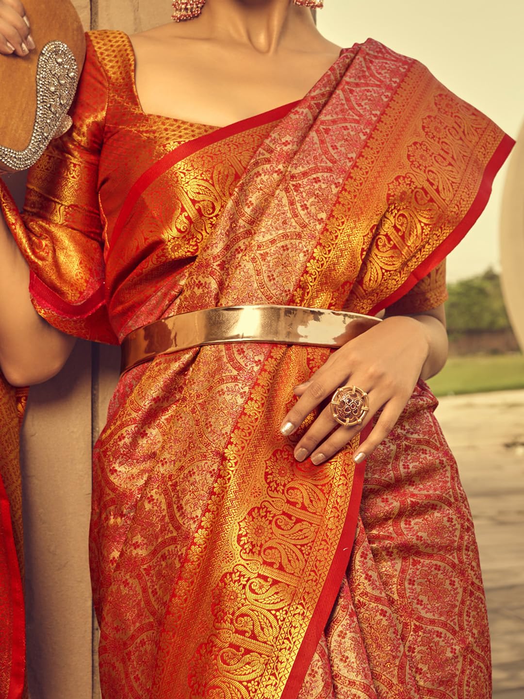 AKHILAM Women's Banarasi silk Ethnic Motif Printed Saree With Unstitched Blouse Piece(Peach_KINKHAB1205_RJ)