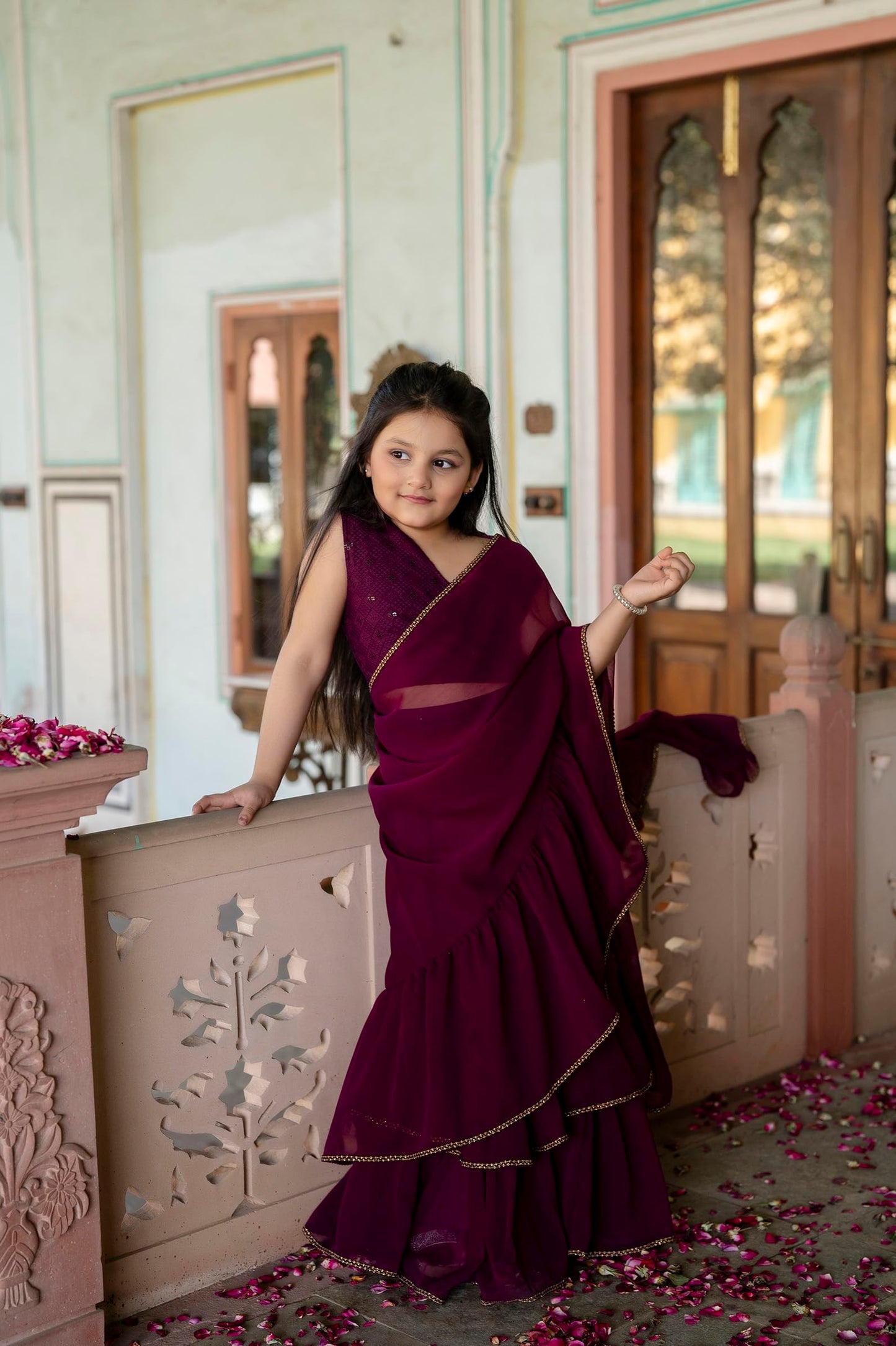 Jaipurite Kids Festive Designer Ruffle Saree Lehenga with Choli | Stylish Indian Wear for Girls (Wine, 9-10 Y)