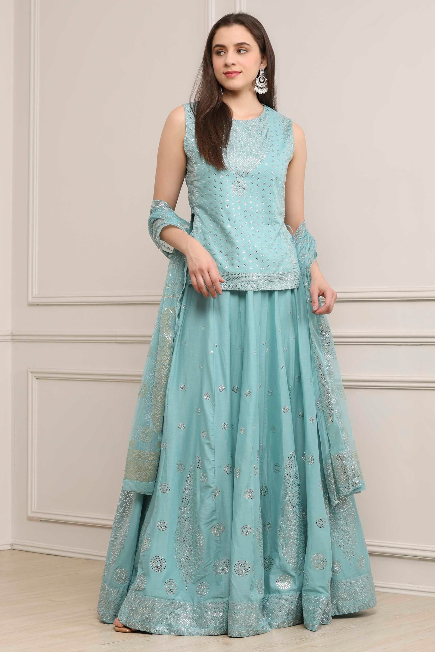 Biba Women Powder Blue Cotton Printed Lehenga Set_36