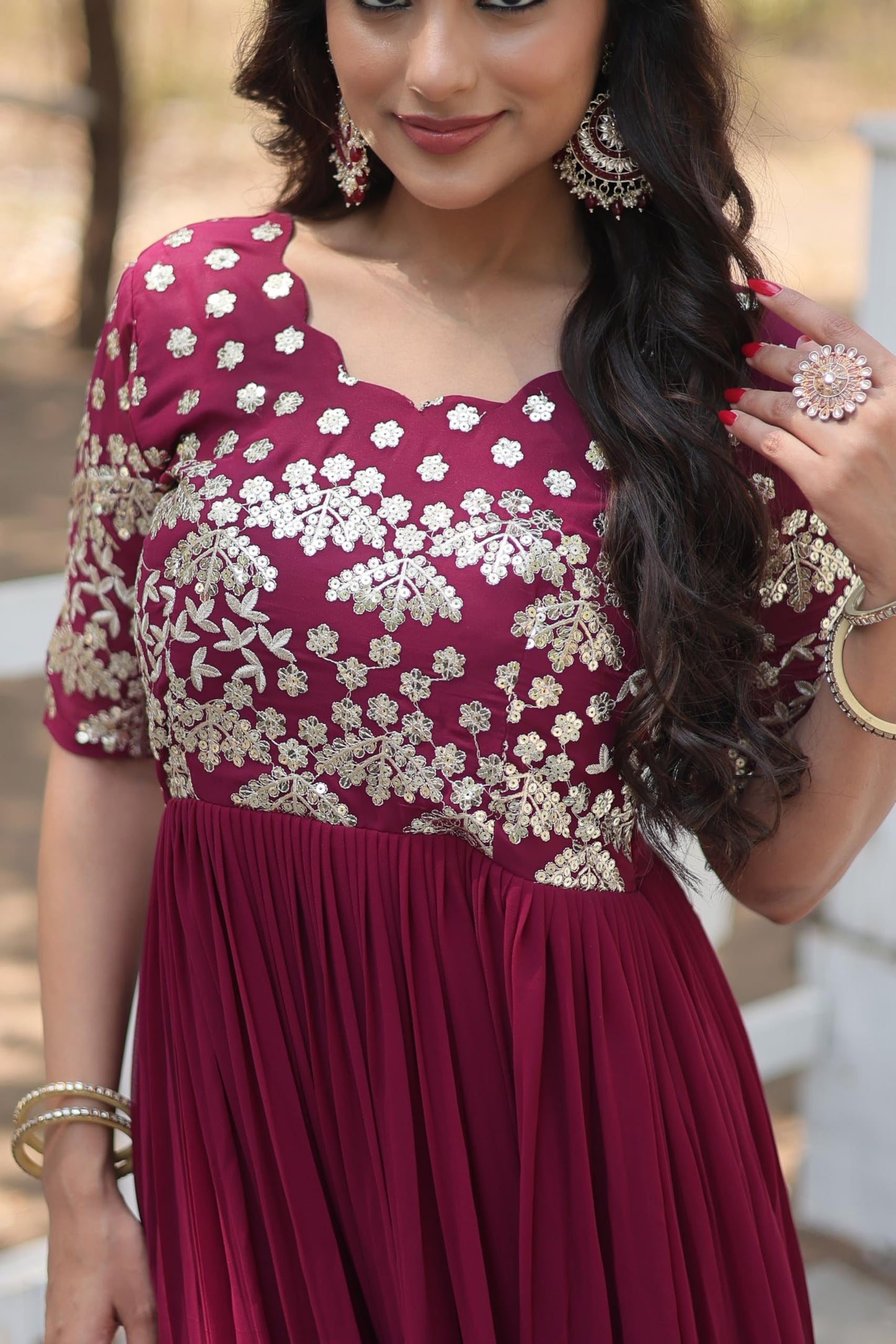 Fashion Basket Women's Georgette Embroidered Anarkali Gown Wine