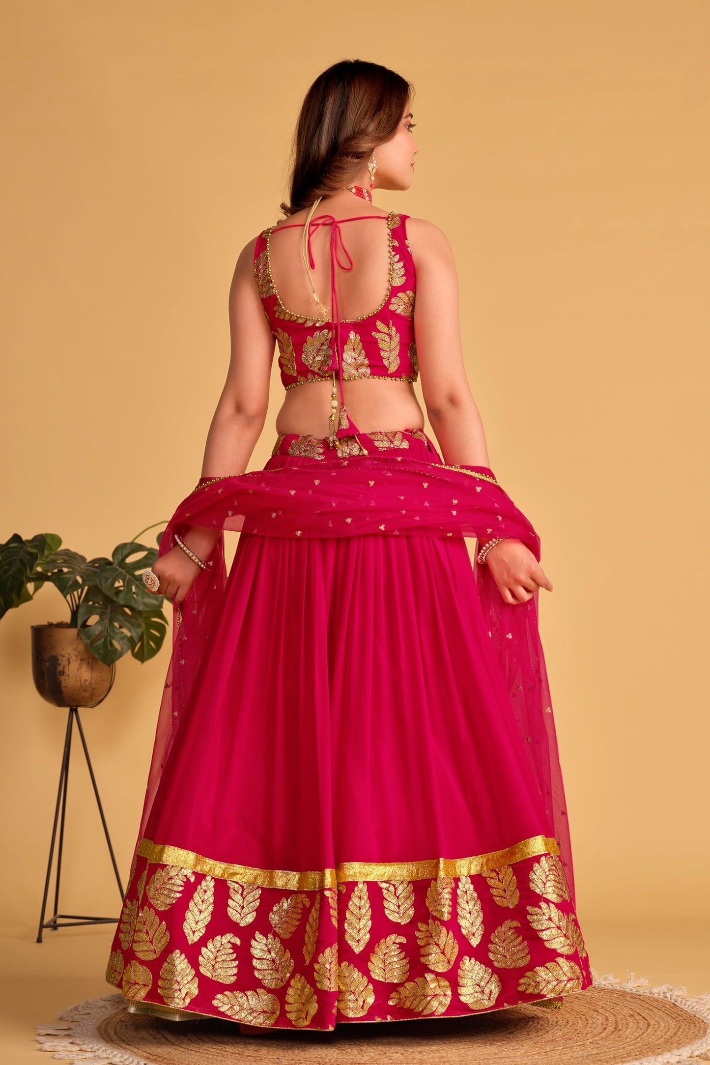 Fashion Basket Pink Georgette Jacquard Lehenga Choli for Women