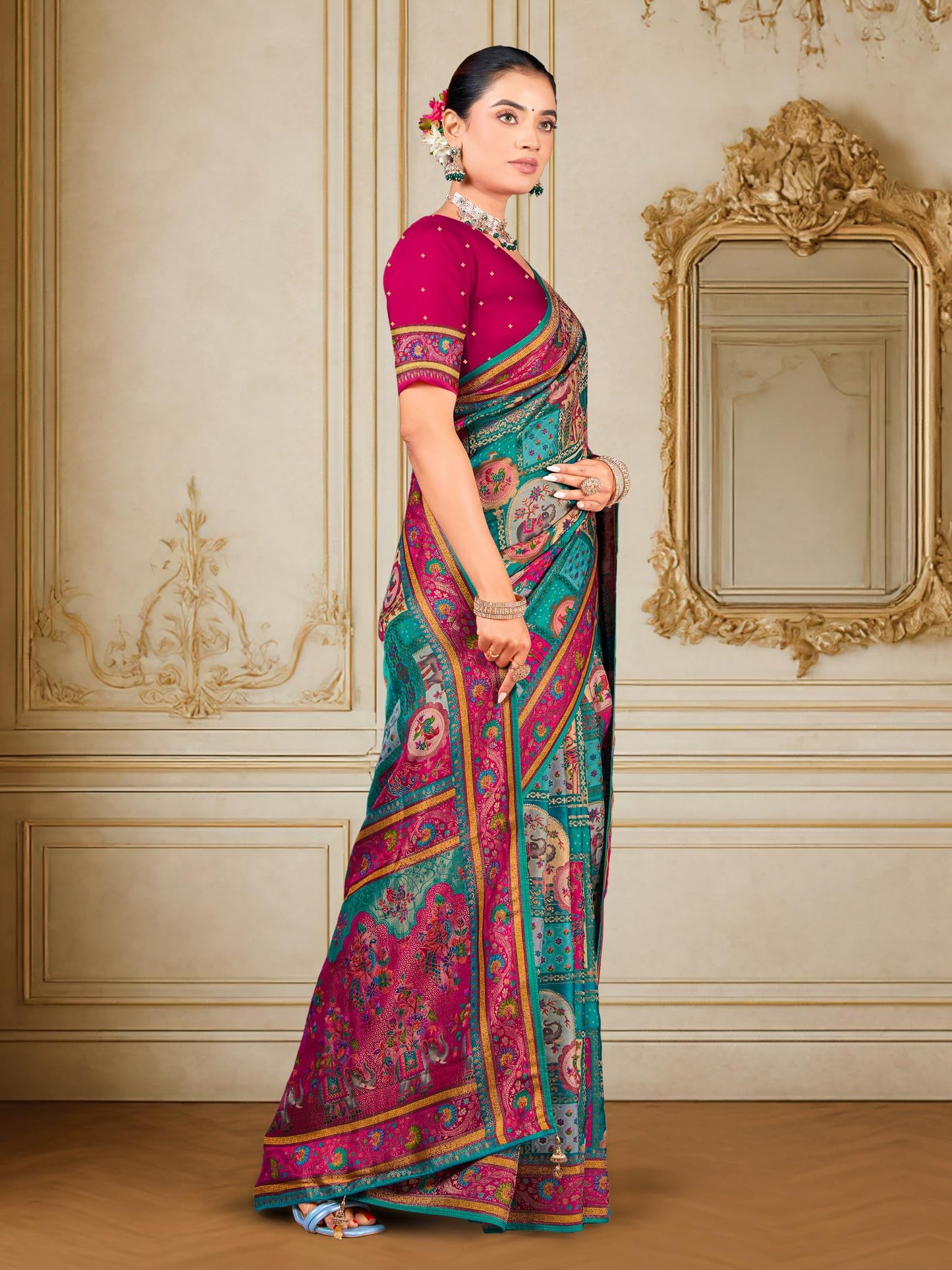 Glory Sarees Women’s Luxurious Dola Satin Pure Silk Original Saree Position Print Work Madhubani Inspired Motifs Banarasi Kanjivaram Style Saree With Blouse Piece (Elegant104_Rama)