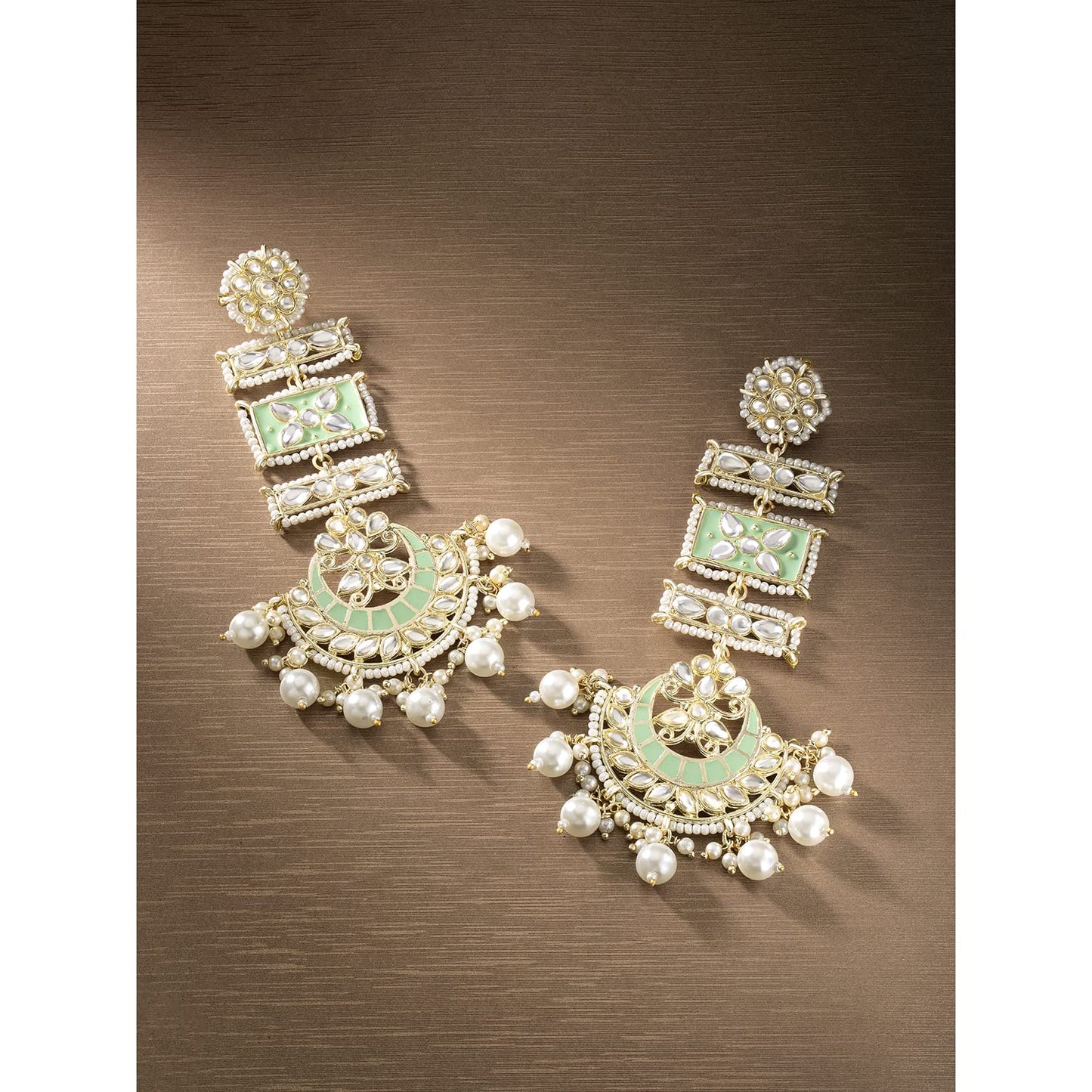 Peora Gold Plated Kundan Pearl Mint Meenakari Long Chandbali Dangle Earrings for Women