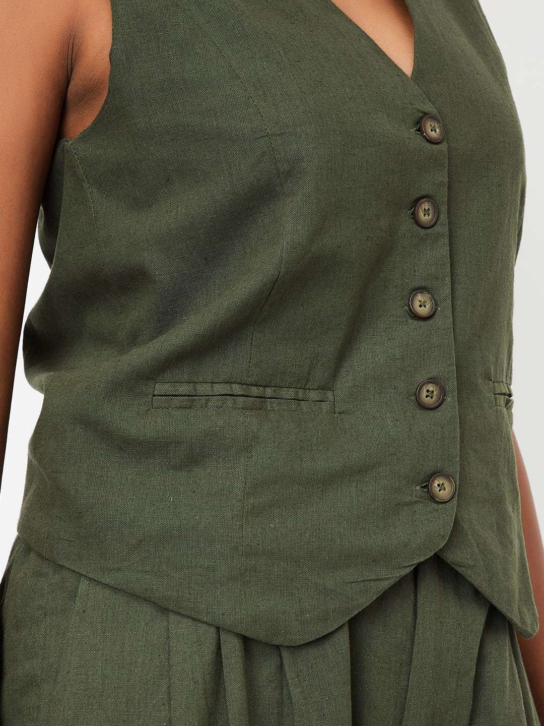 Max Women Solid Waistcoat Style Top_Olive_XS