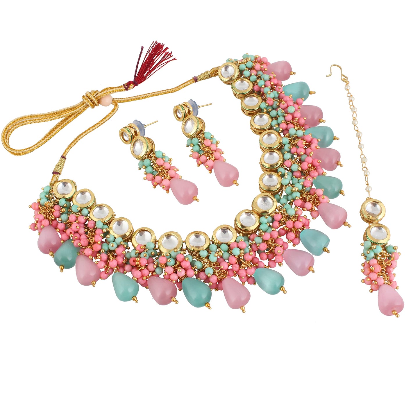 Lucky Jewellery Back Meenakari 18k Gold Plated Multicolor Tika Earring Combo Jewellery Set Uncut Kundan Big Faux Kundan Dibbi Kundan Choker Necklace Set for Girl's & Women